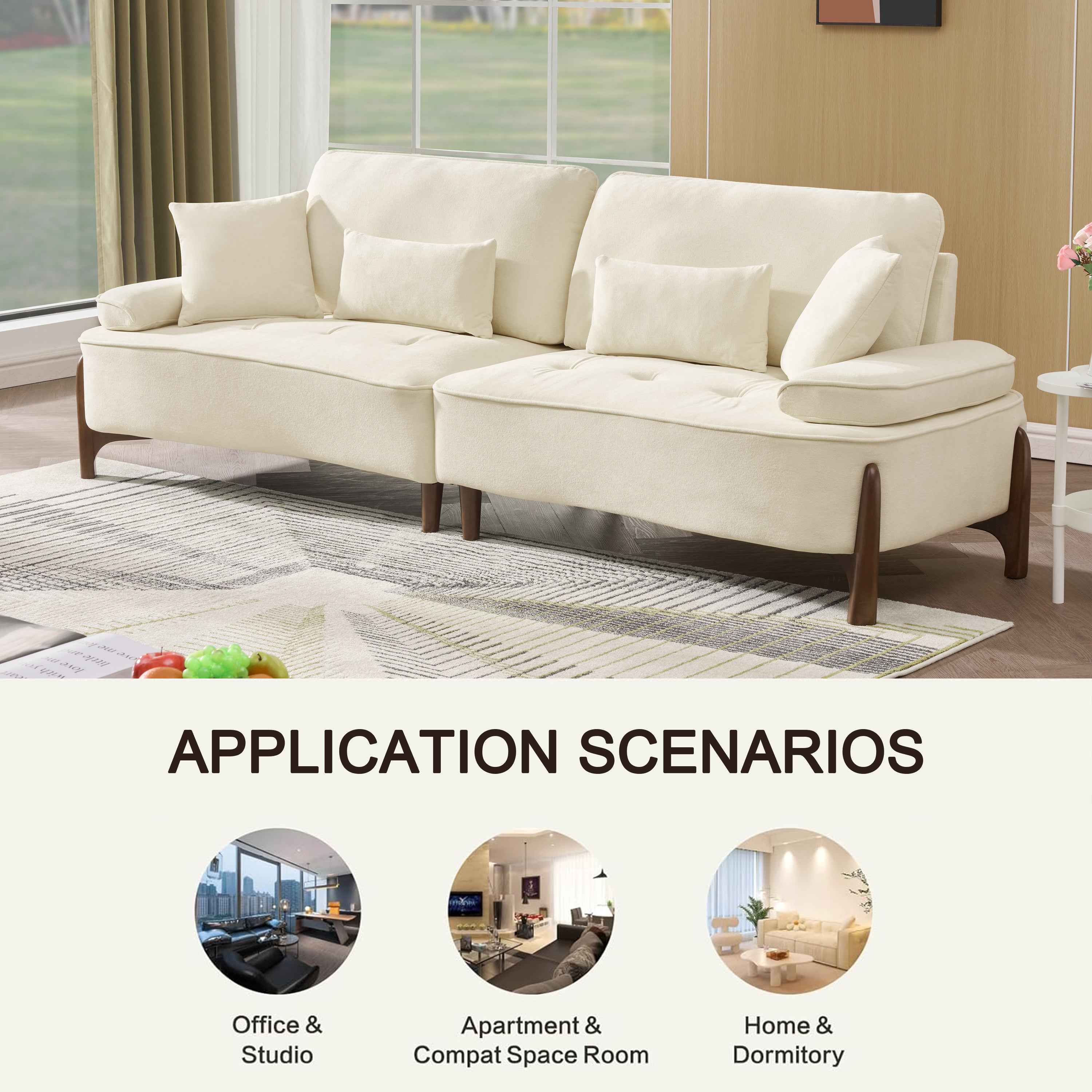 103 Inch Comfortable Deep Seated Sofa with Pillows in Beige Cloud Velvet Polyester for Bedroom, Living Room, Office