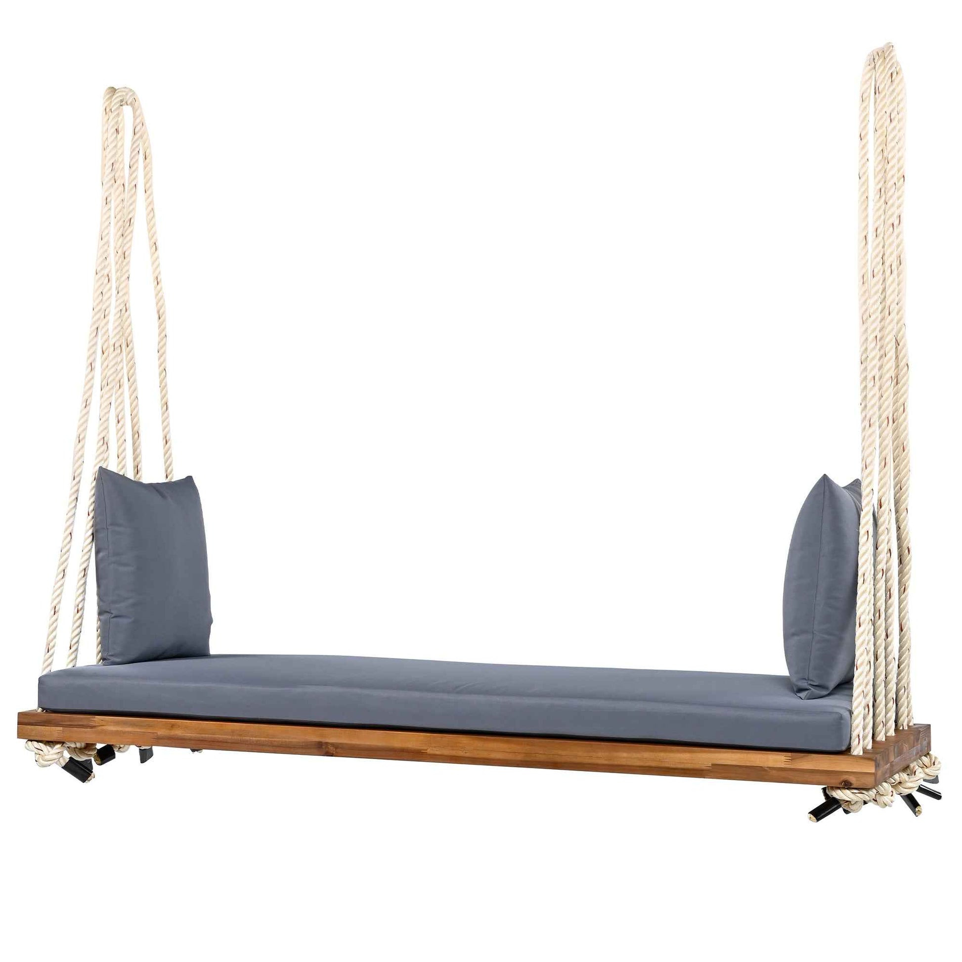 TOPMAX Patio Wooden Swing Chair, Hanging Porch Swing Bench with Cushion&Pillows, 10.8Ft Hemp Ropes for Garden,Backyard, Lawn,Natural