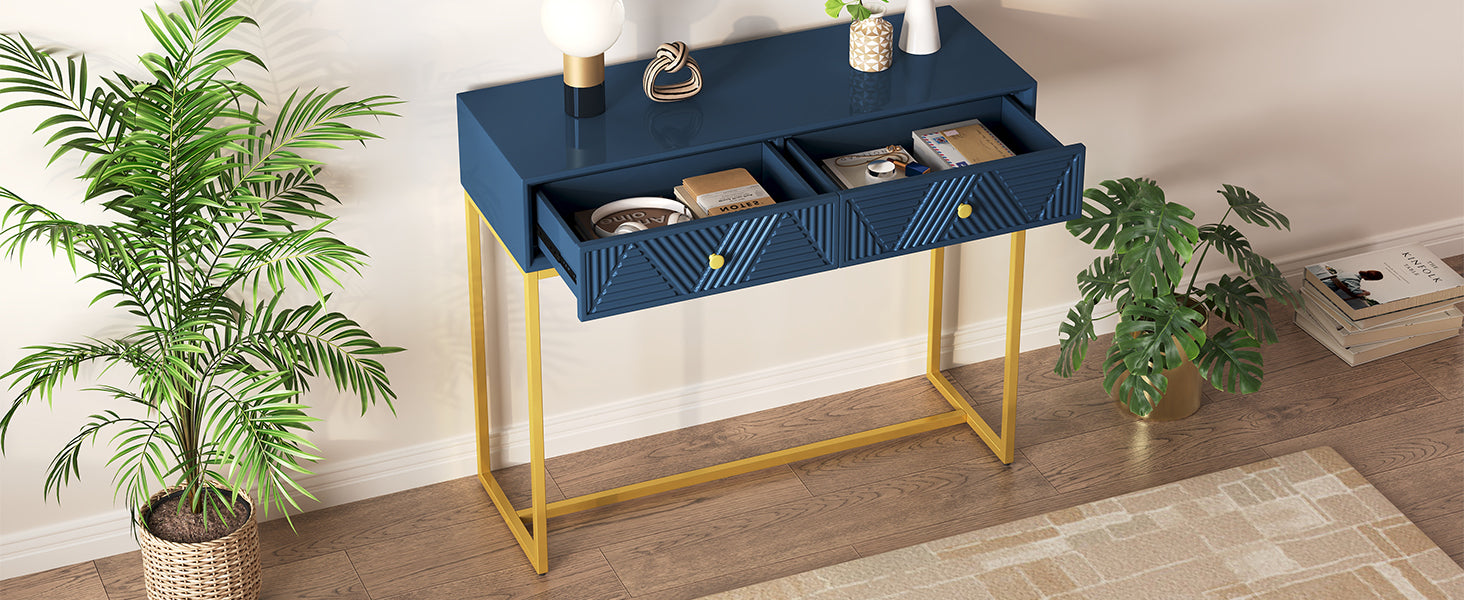 TREXM Modern Sleek Console Table Two Drawers with Stripe Design for Living Room and Entryway (Navy)