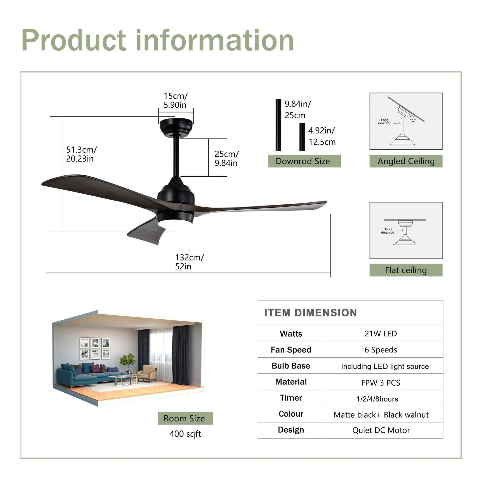 52' Ceiling Fan with Lights Remote Control,Quiet DC Motor 3 Blade Ceiling Fans 6 Speed Levels,Reversible Ceiling Fan, for Patio Living Room, Bedroom, Office,Indoor.(Matte Black +Black Walnut )