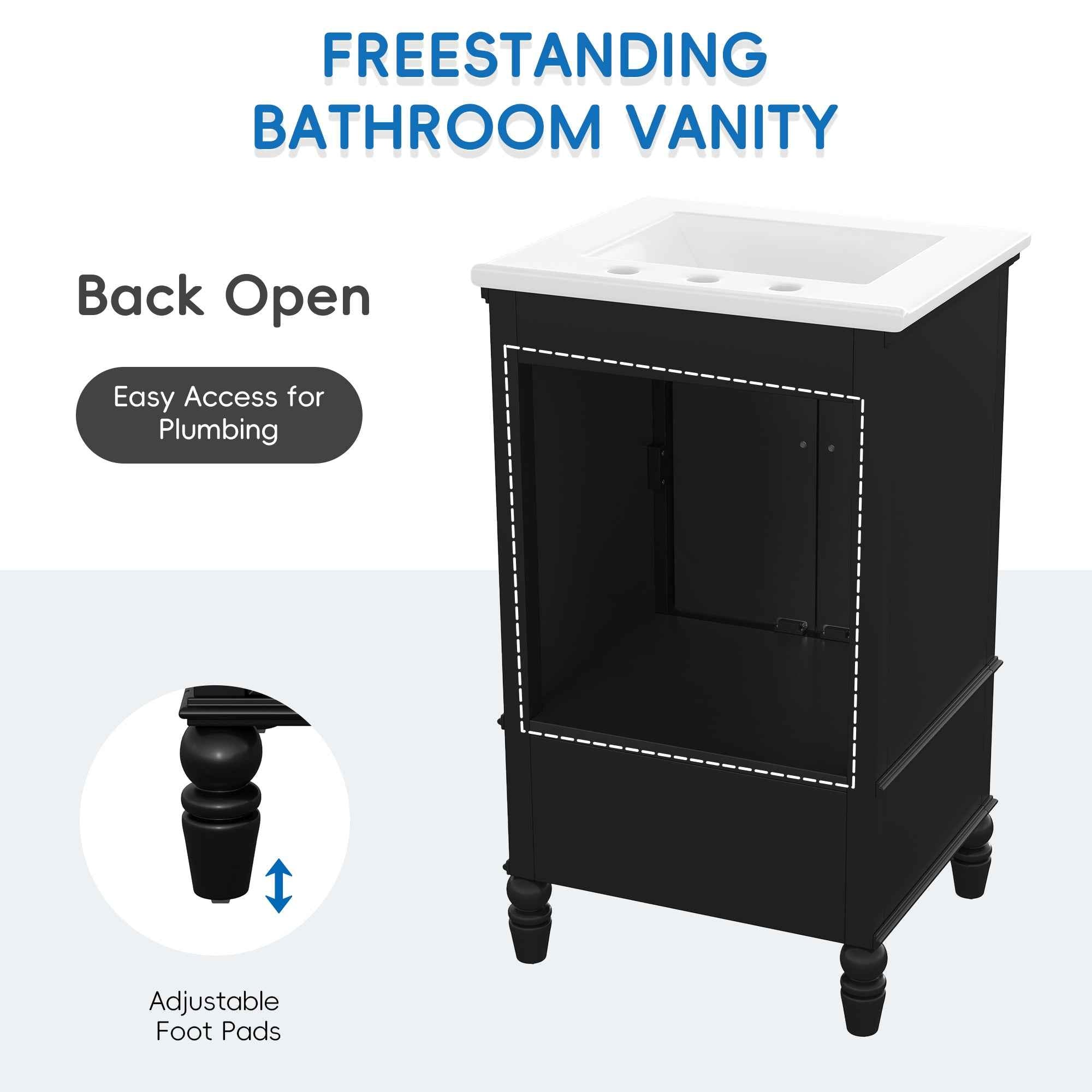20' Bathroom Vanity with Sink, Bathroom Cabinet with Two Doors, Magnetic Door Stopper and  Adiustable Foot Pads, A Drawer, Black