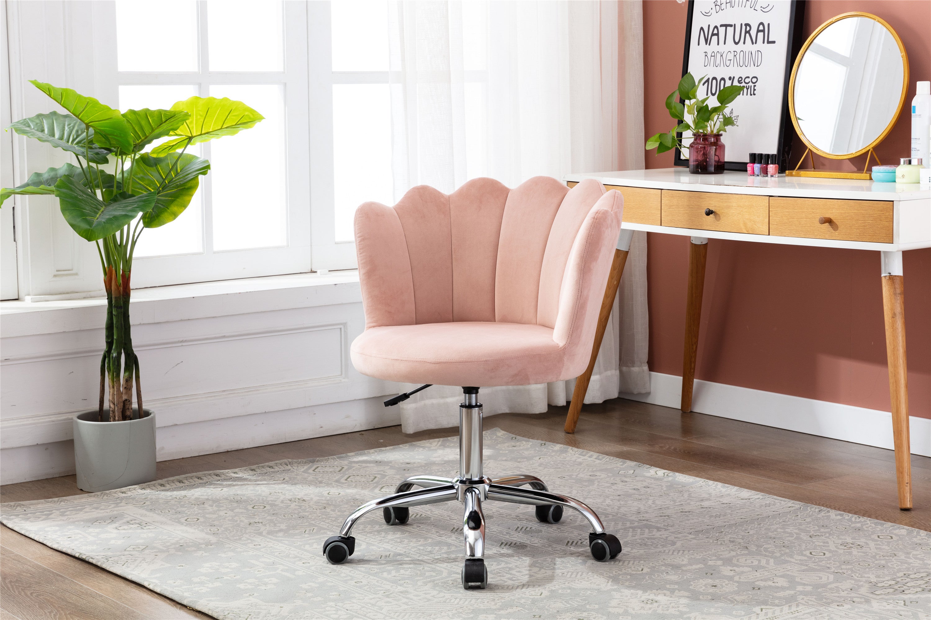 COOLMORE Velvet Home Office Chair with silver Base, Modern Cute Shell Back Upholstered Desk Chair for Vanity, Adjustable Swivel Task Chair for Office (Pink Velvet)