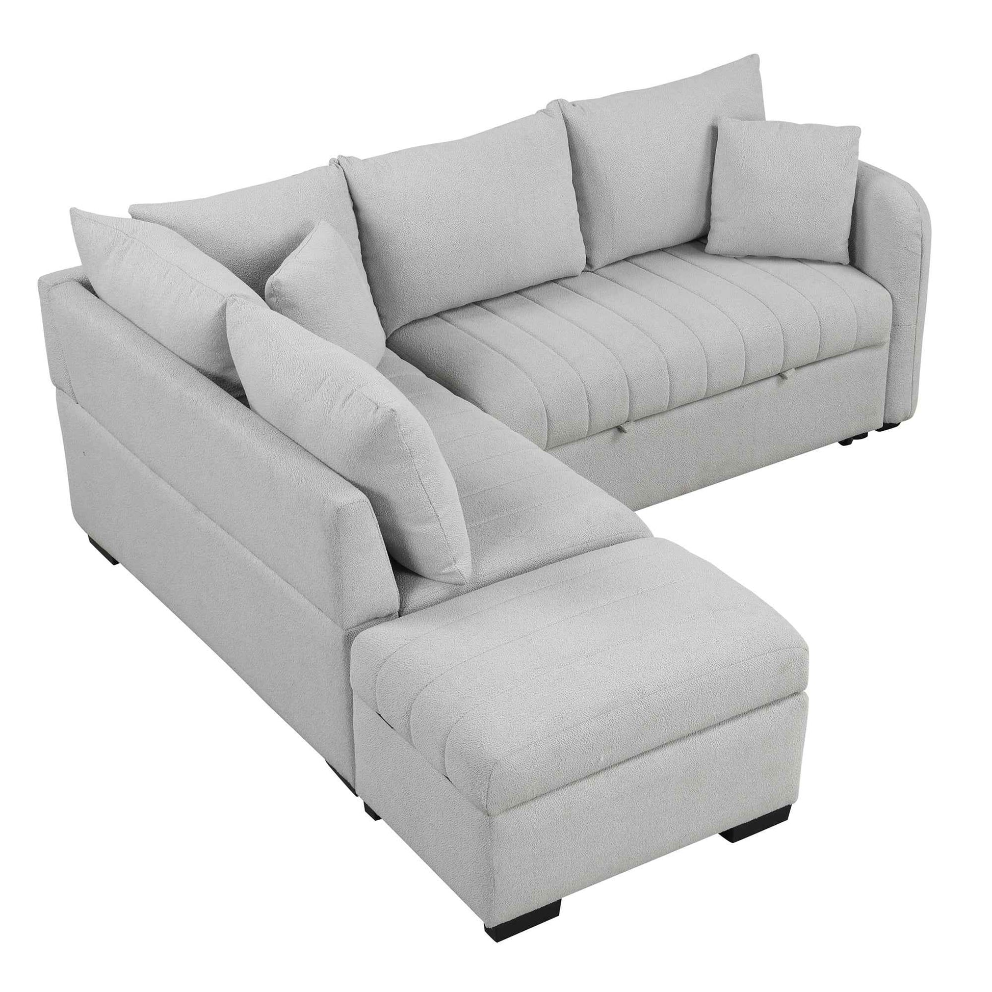 Modern L-shaped Sectional Pull Out Sofa Bed with USB Ports & Storage Ottoman, Gray Jacquard Fabric, 82.6'