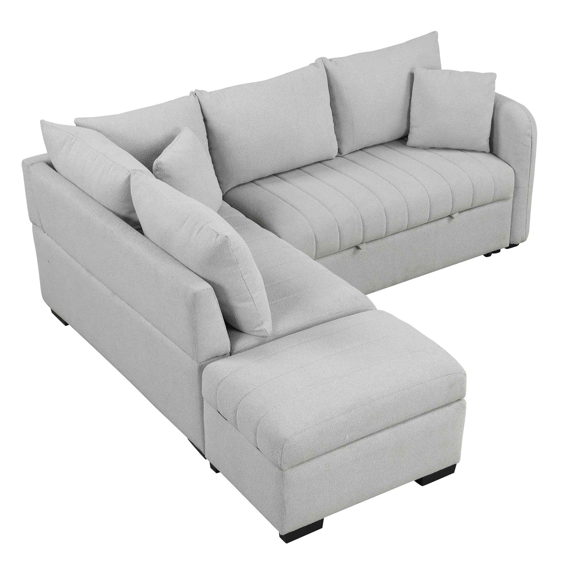 Modern L-shaped Sectional Pull Out Sofa Bed with USB Ports & Storage Ottoman, Gray Jacquard Fabric, 82.6'