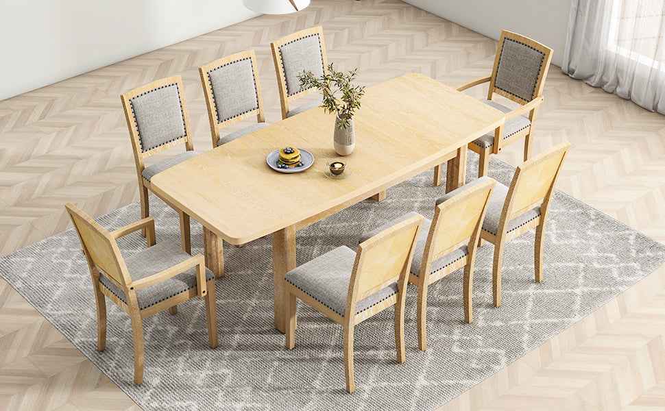 TOPMAX Rustic Extendable Dining Table Set with Removable Leaf, 6 Upholstered Armless Dining Chairs and 2 Padded Arm Chairs, Natural
