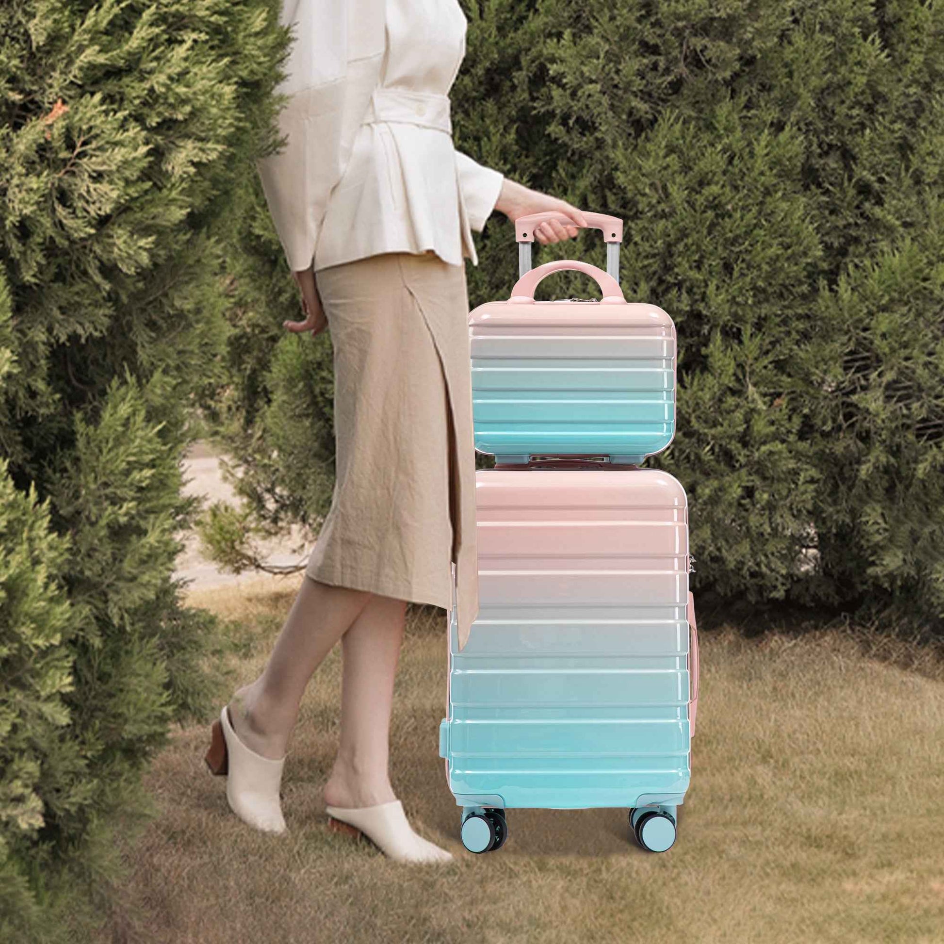 14'/20' 2 pcs/set in PC Spinner Wheel Luggage, Carry on Suitcase, With Gradient Color and Combination Lock(Blue+Pink)