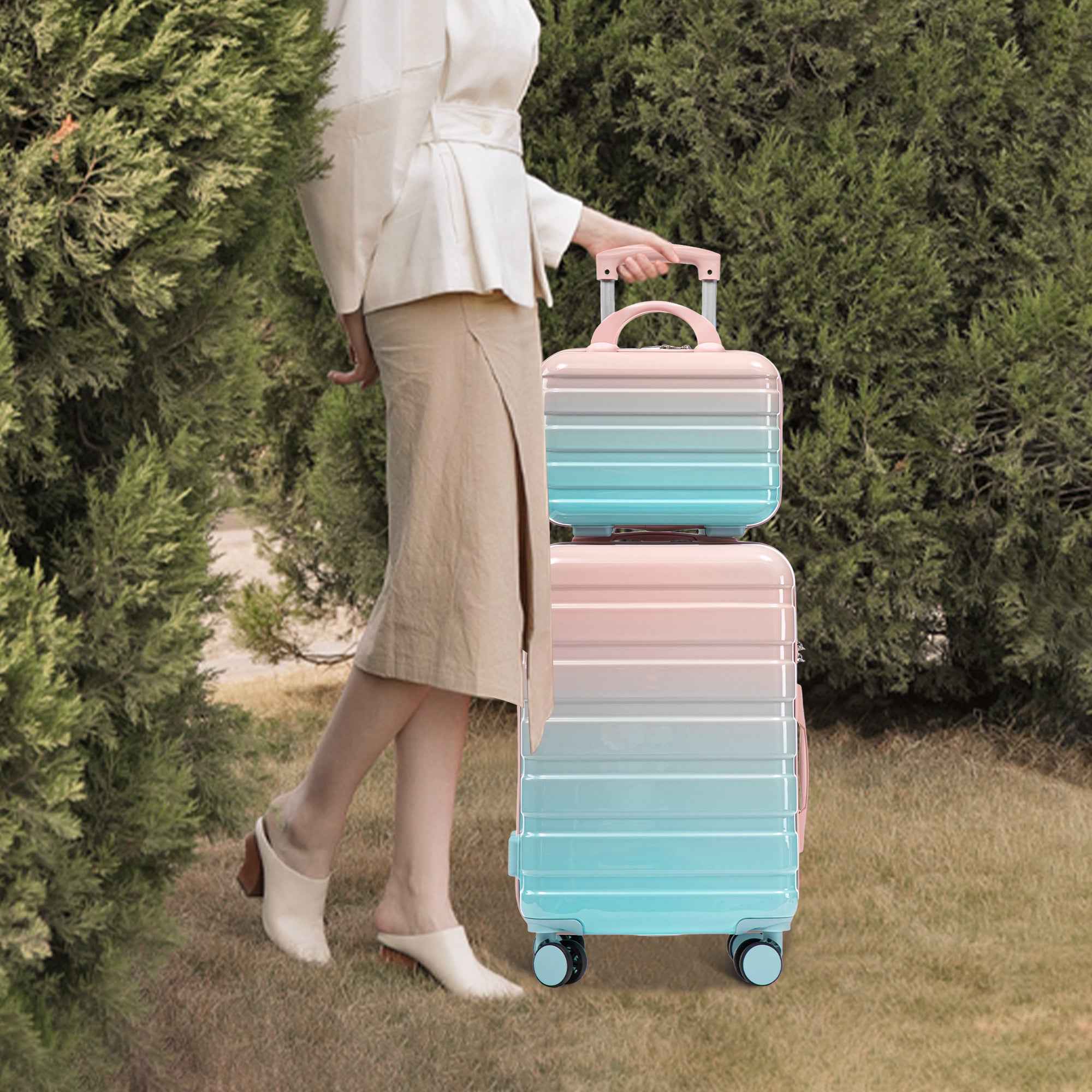 14'/20' 2 pcs/set in PC Spinner Wheel Luggage, Carry on Suitcase, With Gradient Color and Combination Lock(Blue+Pink)