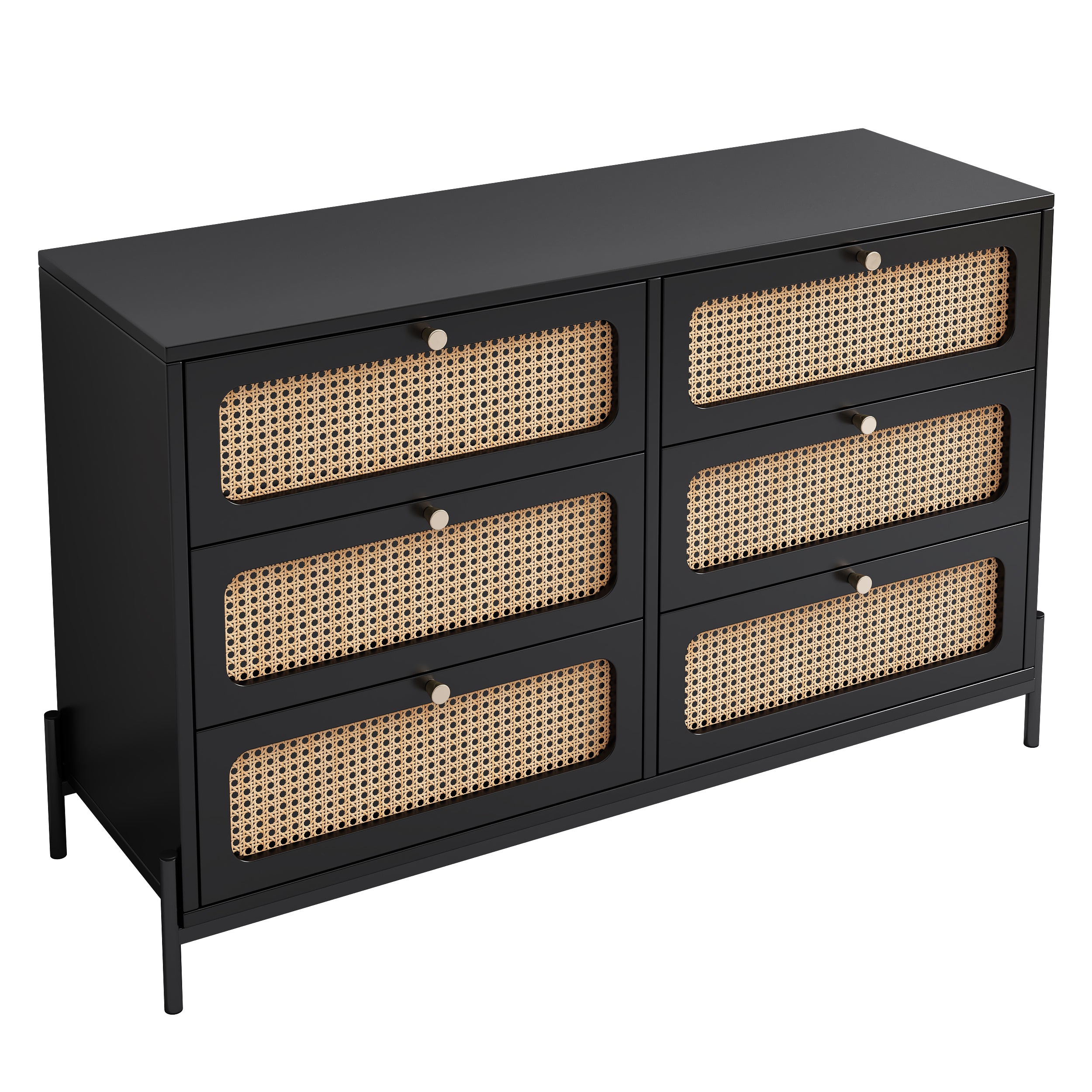 Modern Cannage Rattan Wood Closet 6-Drawer Dresser Wood Storage Cabinet Sideboard for Bedroom, Living Room, Entryway, Hallway, Black (Old SKU:WF303224AAB)