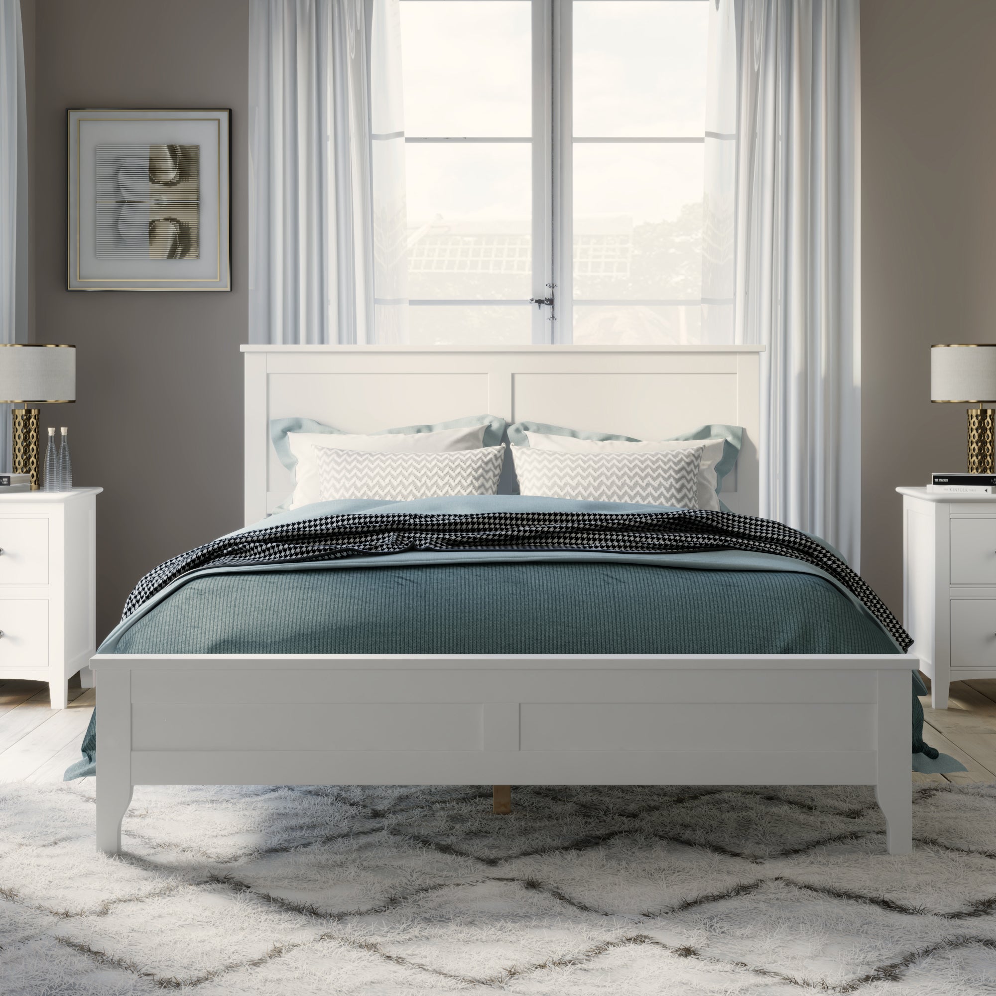 Modern White Solid Wood Queen Platform Bed - Abrihome