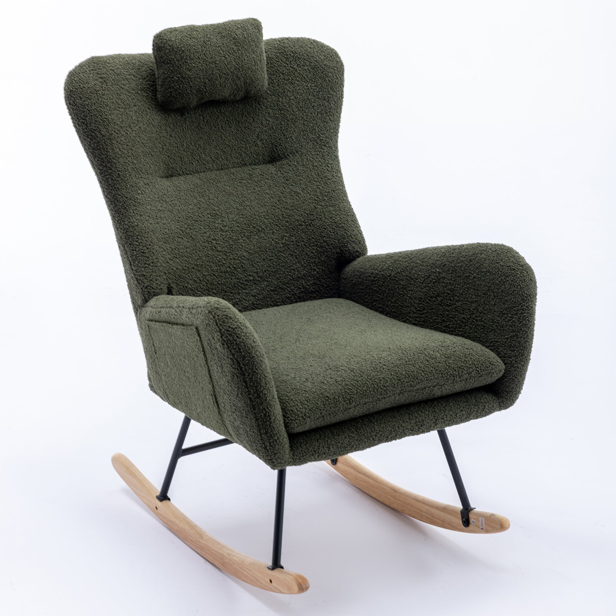 35.5 inch Rocking Chair with Pocket, Soft Teddy Fabric Rocking Chair for Nursery, Comfy Wingback Glider Rocker with Safe Solid Wood Base for Living Room Bedroom Balcony (dark green)