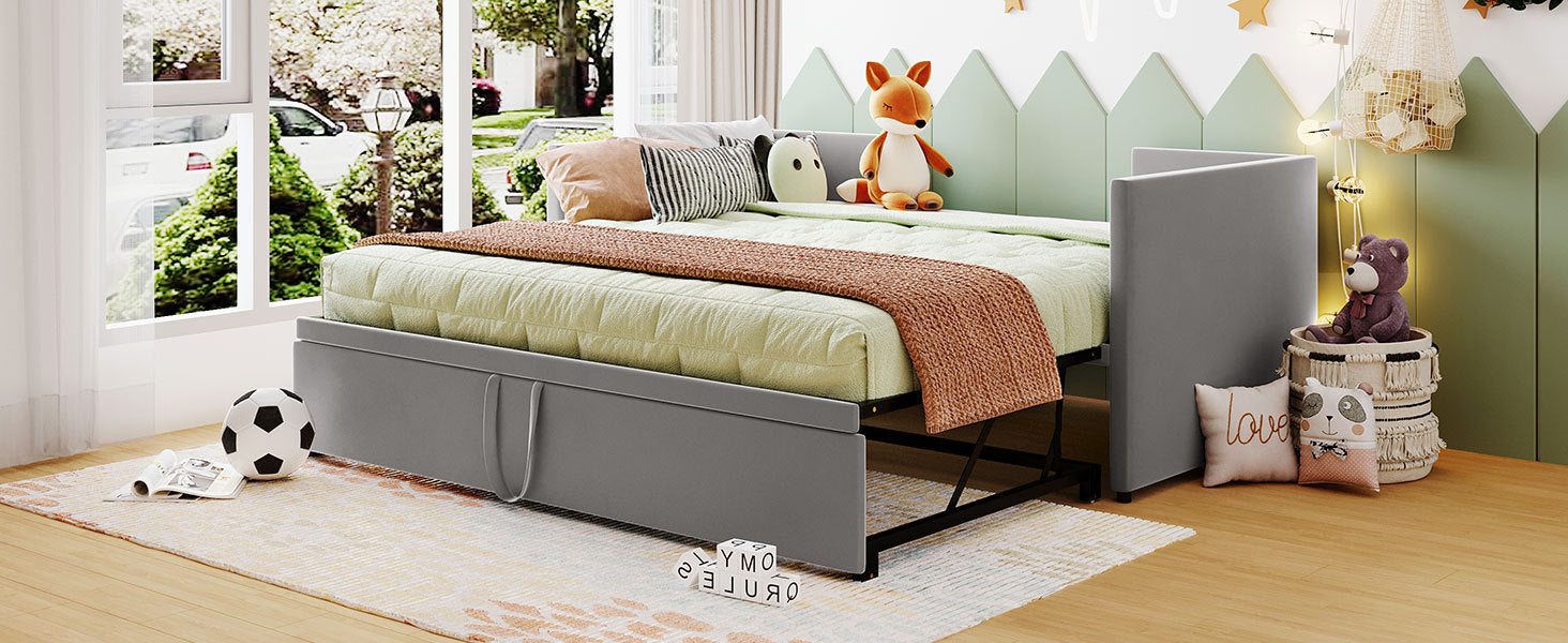 Twin Size Upholstered daybed with Pop Up Trundle, Gray - Abrihome