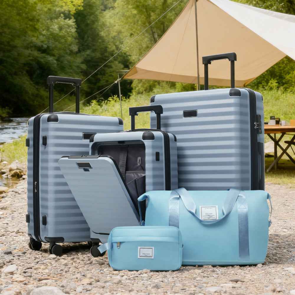 Luggage Sets 5 Piece with Front Opening , Hardside Expandable Carry on Suitcase with Spinner Wheels TSA Lock USB Port  Cup Holder Duffel Bag and Toiletry Bag