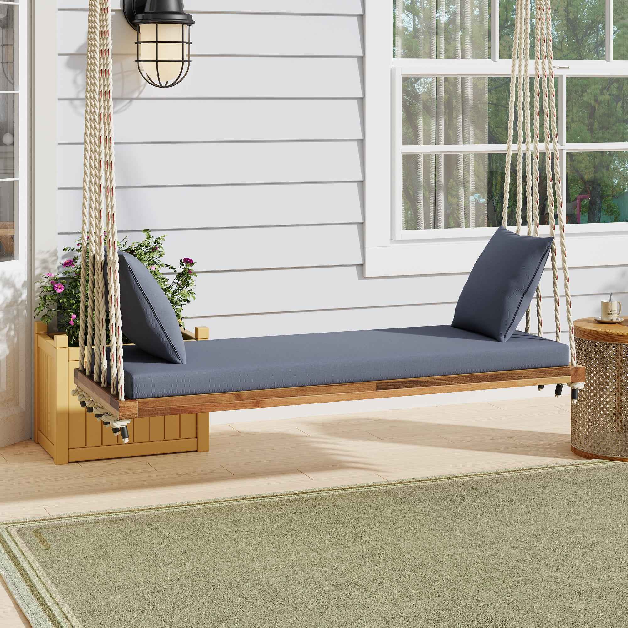 TOPMAX Patio Wooden Swing Chair, Hanging Porch Swing Bench with Cushion&Pillows, 10.8Ft Hemp Ropes for Garden,Backyard, Lawn,Natural