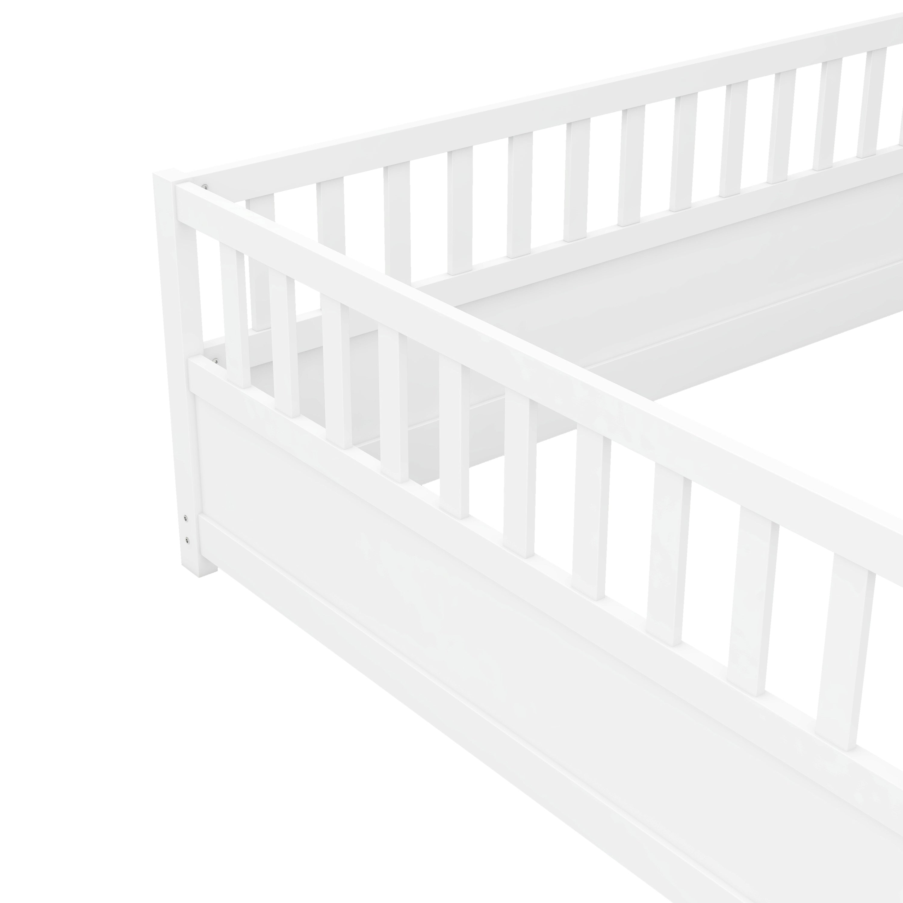 Full size  Floor bed, integral construction with super high security barrier, door, children's floor bed frame, Montessori wooden children's floor bed, white