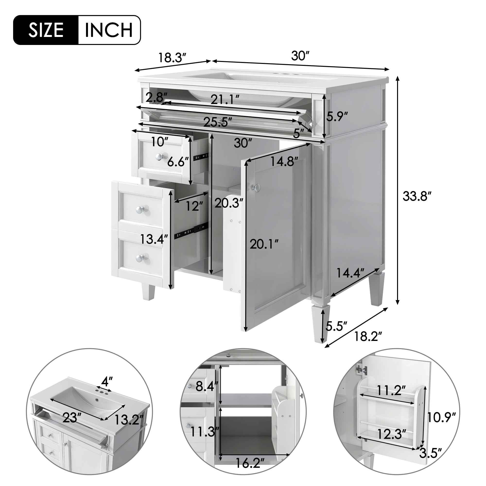 Modern 30'' Bathroom Vanity with Top Sink, White Freestanding Storage Cabinet with 2 Drawers and Tip-out Drawer, Mirror Cabinet Combo, Solid Wood + MDF Frame, Ceramic Undermount Sink