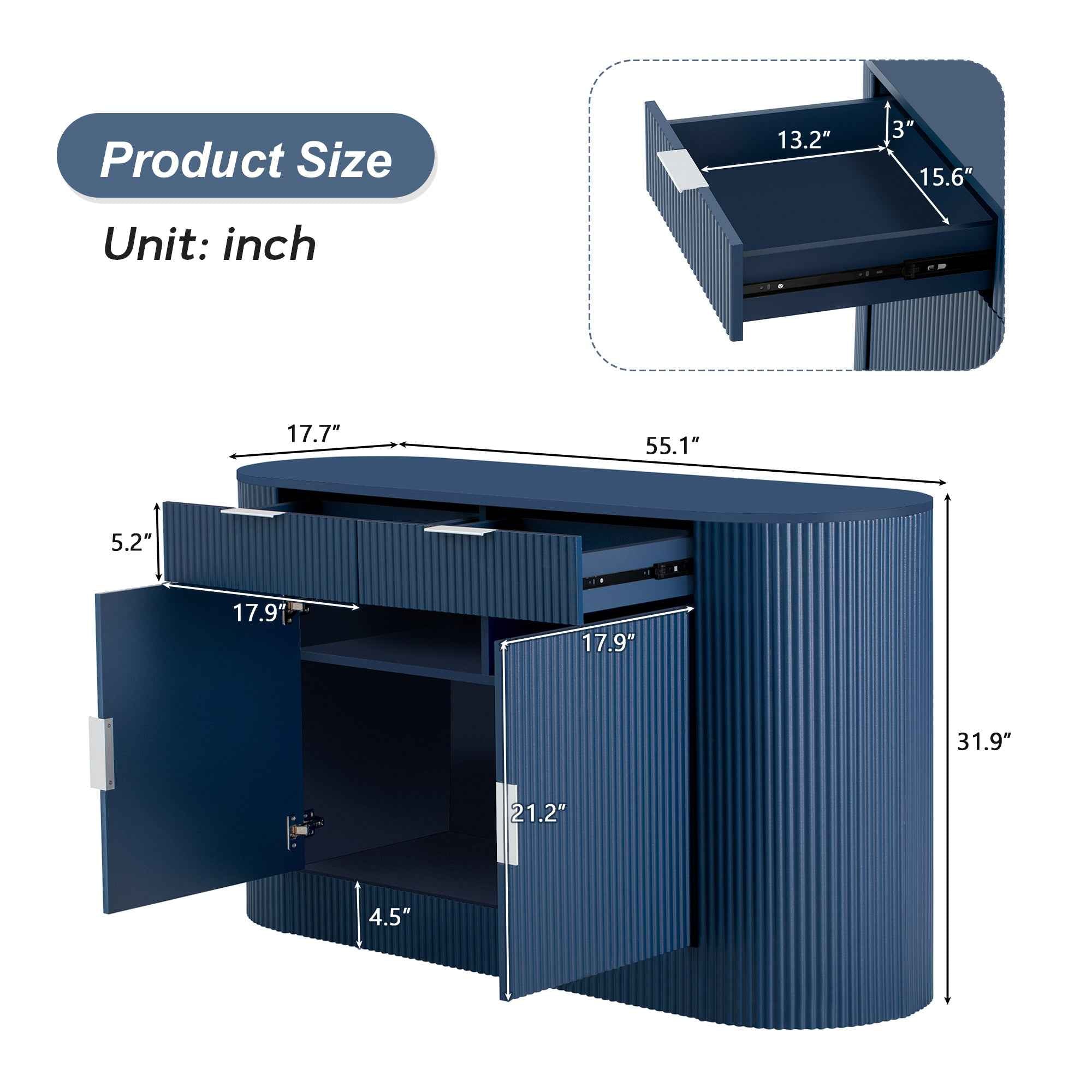 U_STYLE 55.1' Modern Storage Cabinet – 2 Doors & 2 Drawers, Stripe MDF Sideboard with Aluminum Handles, Curved Side Door & 3-Tier Shelves, Buffet Cabinet for Living Room, Bedroom, Dining Room