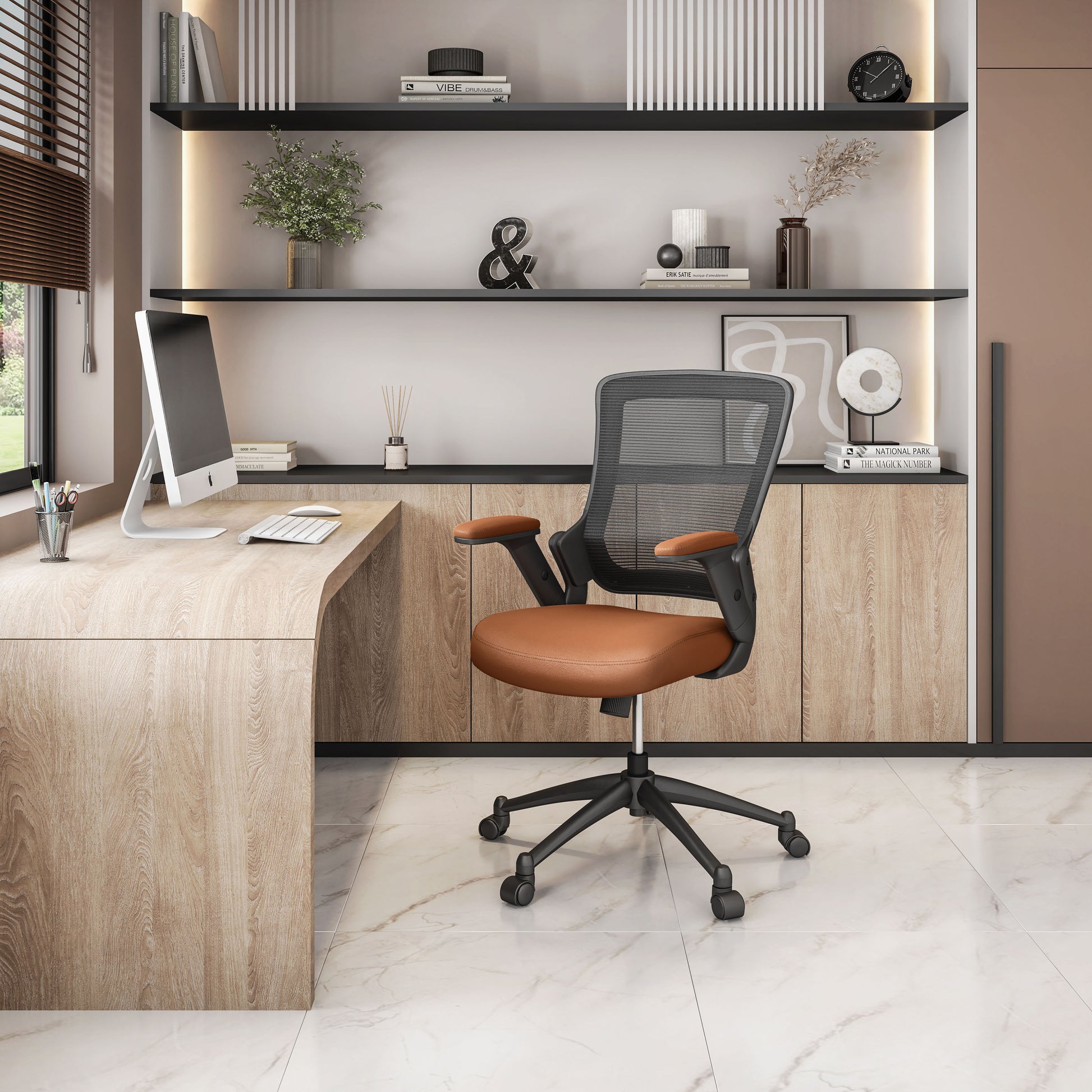 Techni Mobili Mid-Back Mesh Task Office Chair with Height Adjustable Arms, Brown - Abrihome