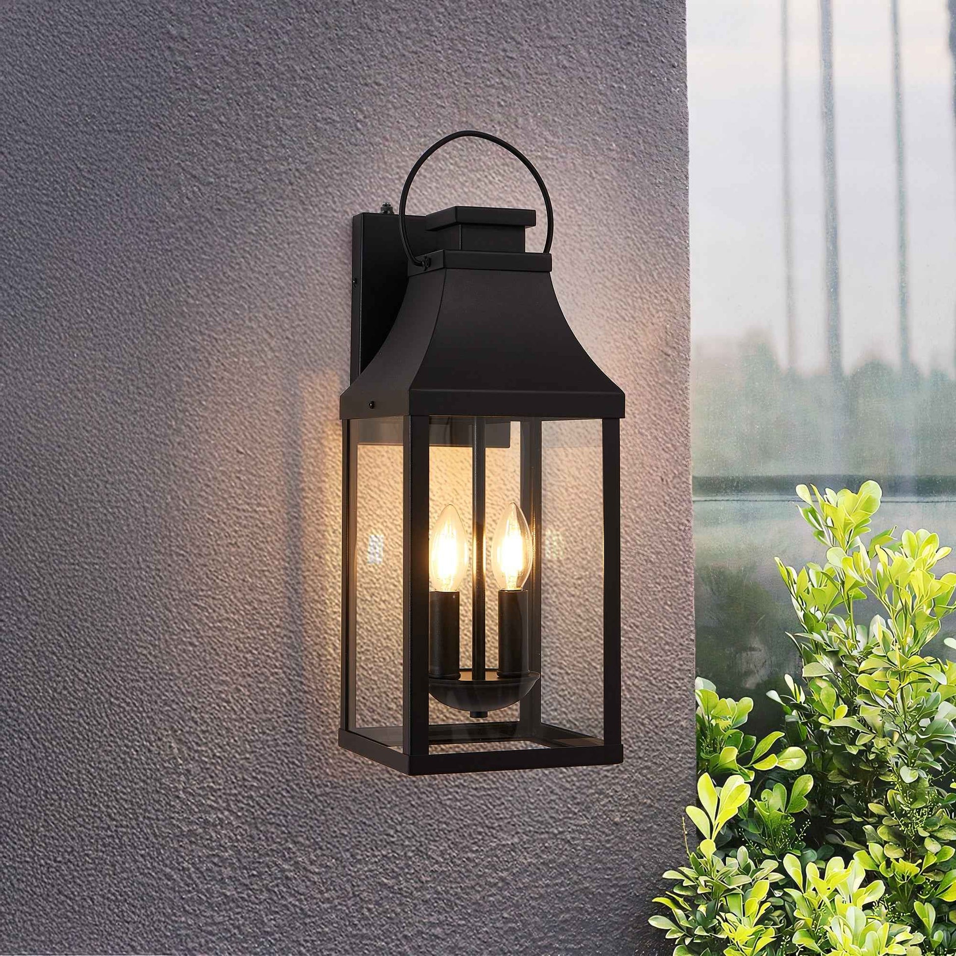 20'' Dusk to Dawn Outdoor Wall Light, Large Black Outdoor Porch Light Waterproof Patio Lanterns, Exterior Wall Mount Lighting Fixtures, 2-Light Outside Garage Sconces for House Front, 1-Pack