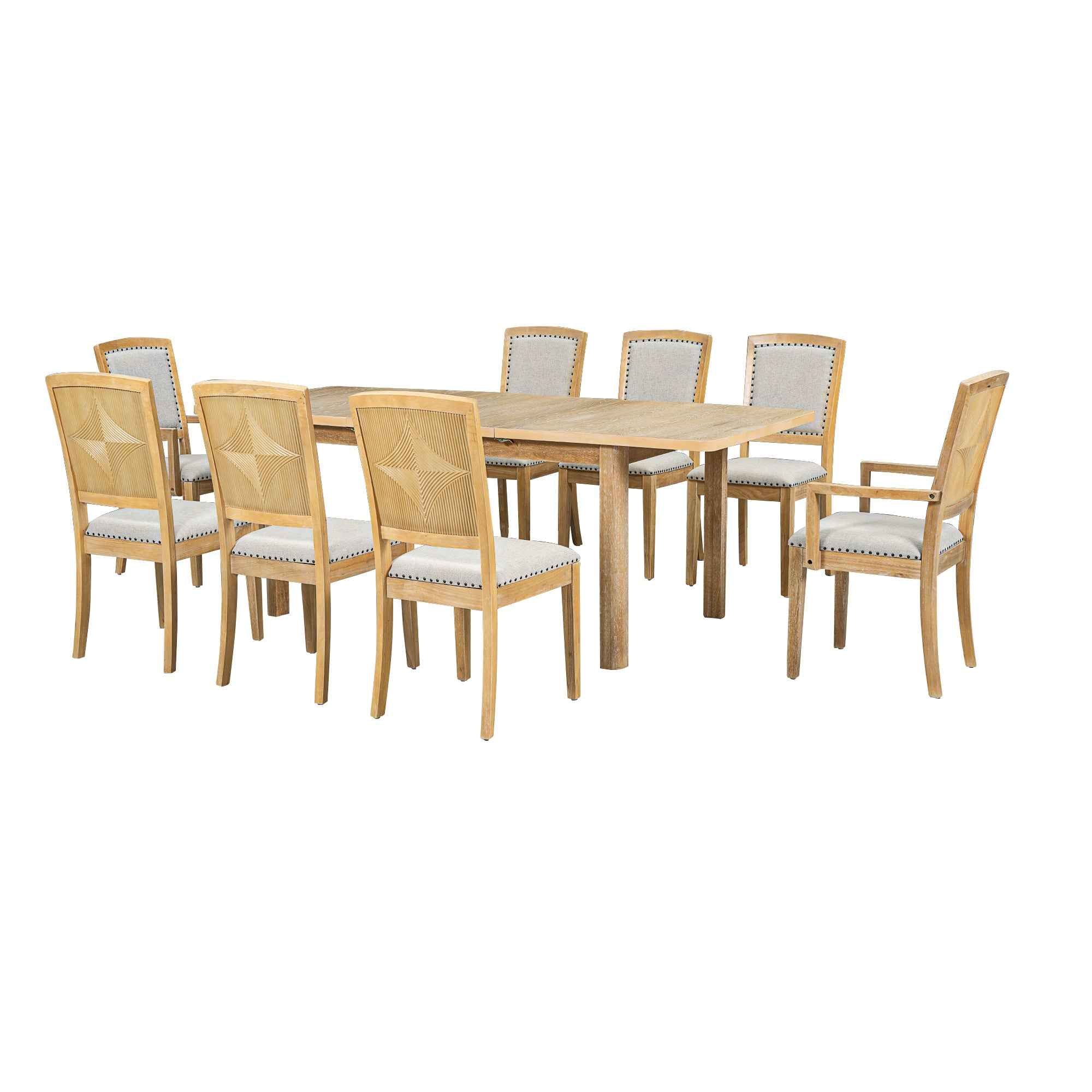 TOPMAX Rustic Extendable Dining Table Set with Removable Leaf, 6 Upholstered Armless Dining Chairs and 2 Padded Arm Chairs, Natural