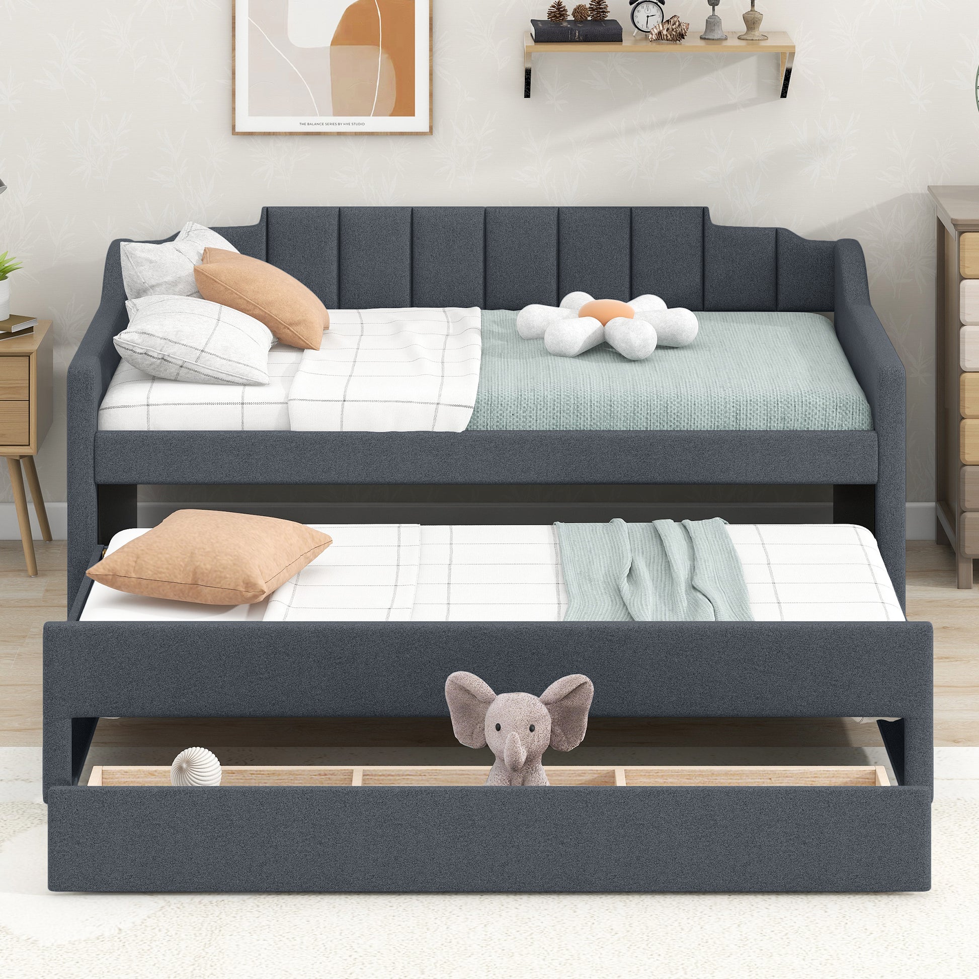 Twin Size Upholstered Daybed with Trundle and Three Drawers,Grey - Abrihome