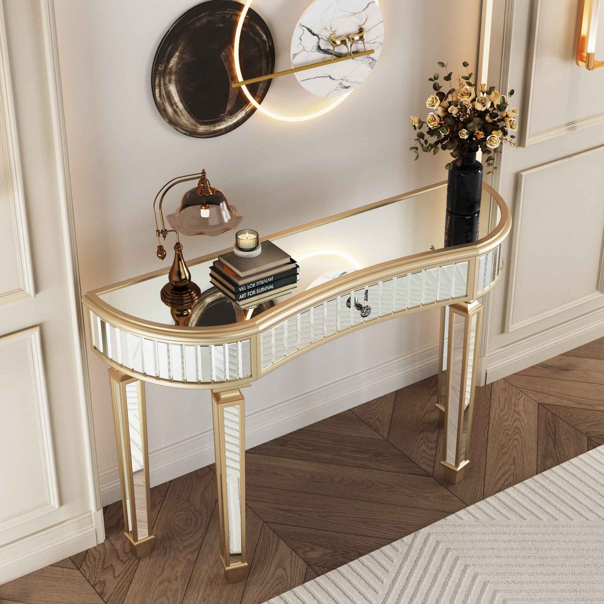 47' Half-Moon Mirrored Console Table with Fluted Glass & Crystal Knob Drawer - Silver Entryway Vanity Desk for Bedroom/Dressing Room(Gold+Sliver)