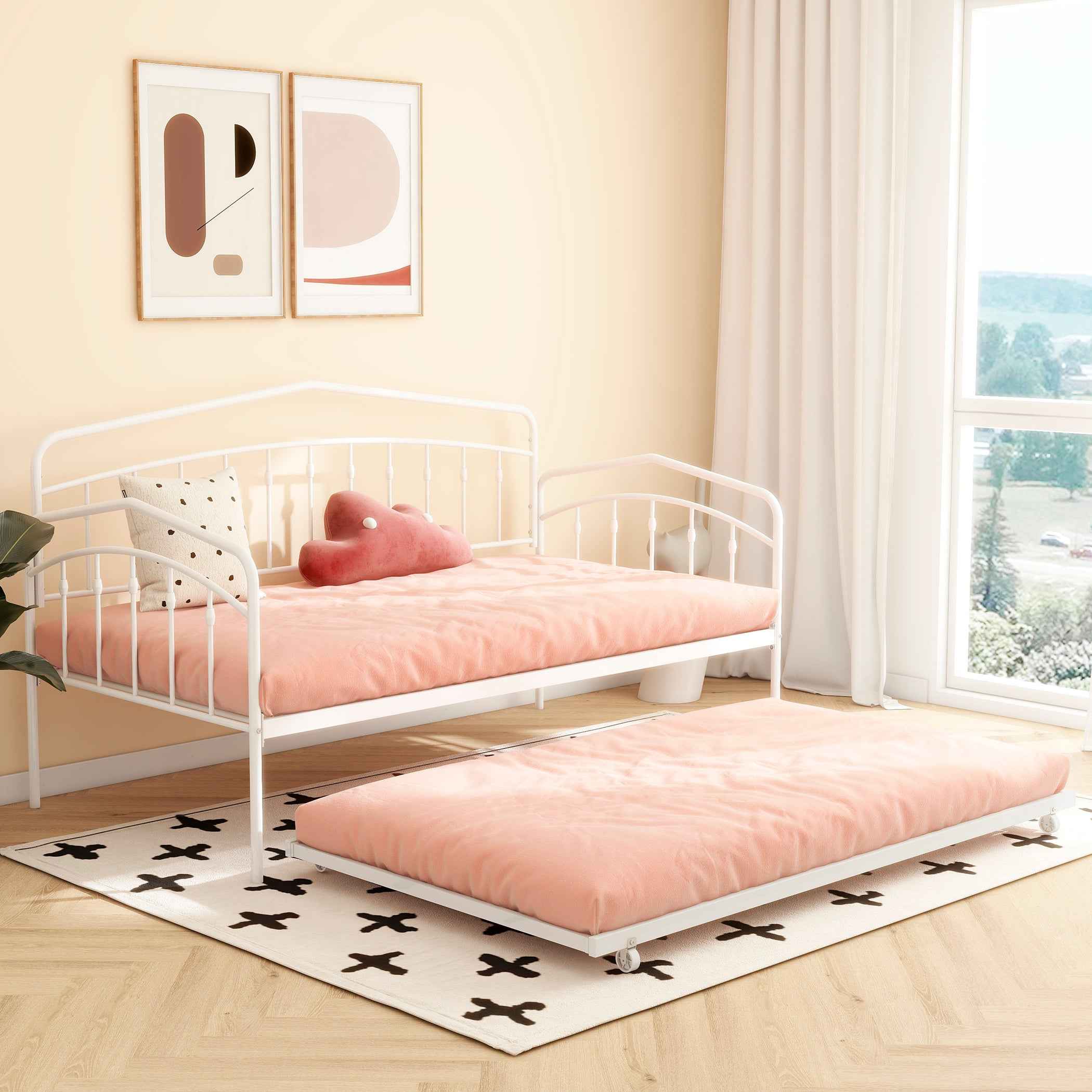 Fox Twin Metal Daybed with Trundle Bed Frame Set, Easy Assembly, Space Saving, Heavy Duty Metal Slat Support, Sofa Bed for Living Room, Bedroom, Guest Room, Kids Room, White
