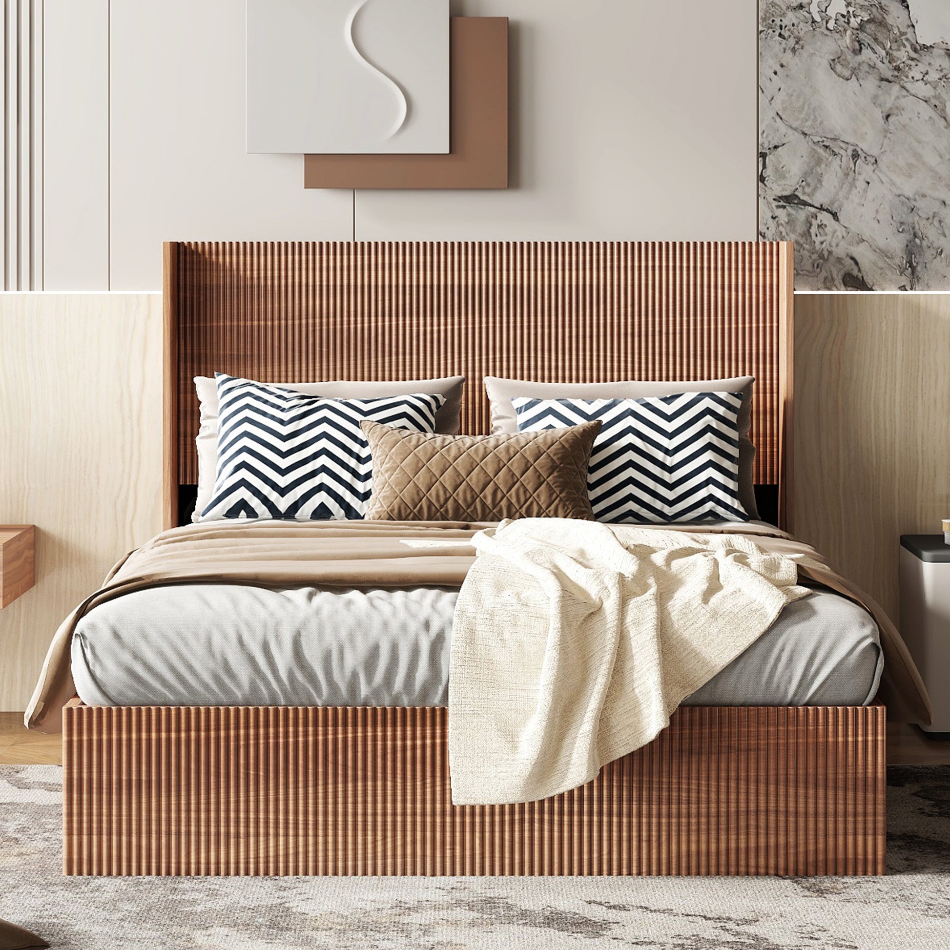 Large grooved undulating lift storage bed frame, wooden platform bed frame with lift storage, no spring box required/no noise, rustic brown slatted natural wood(
Queen) - Abrihome