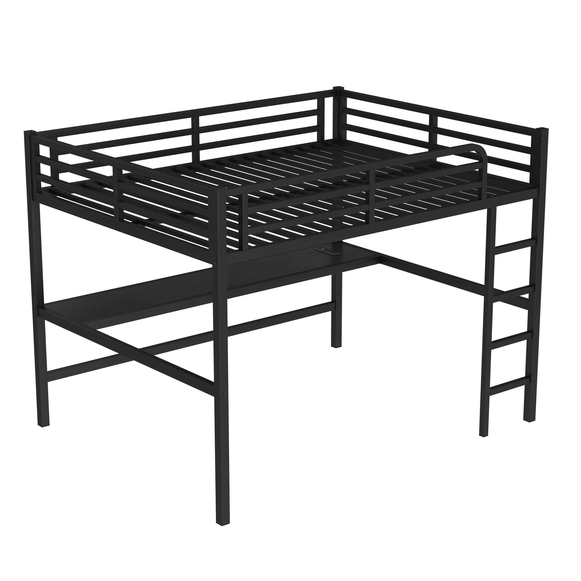 Metal Queen Size Loft Bed with Power Outlet and LED Lighted, Space-Saving, Noise Reduced, Black