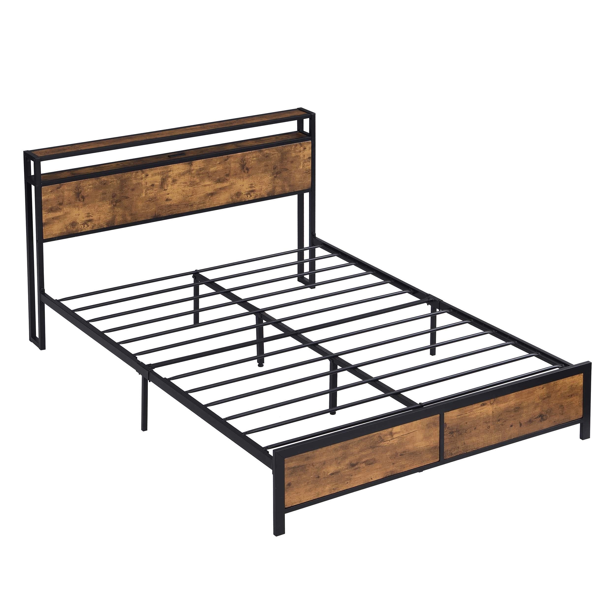 Industrial Queen Bed Frame with LED Lights and 2 USB Ports, Bed Frame Queen Size with Storage, Noise Free, No Box Spring Needed, Rustic Brown