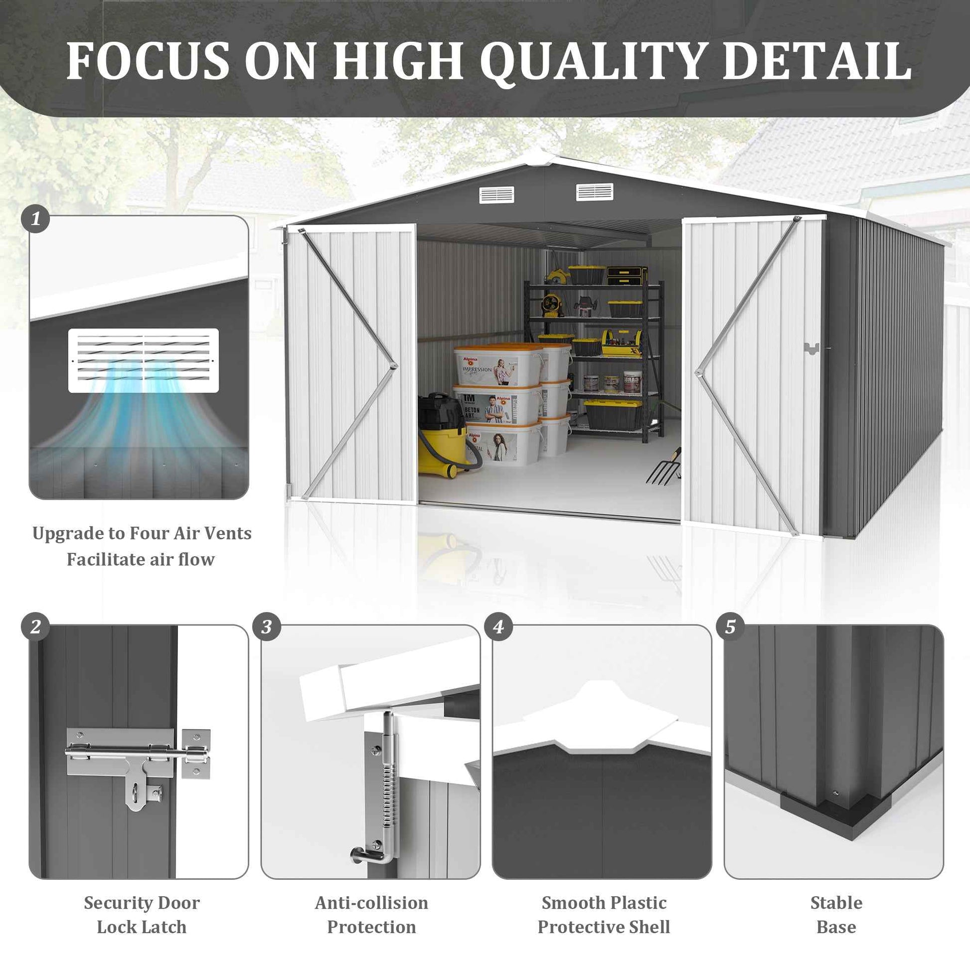 Campcraft  Outdoor Storage Shed 10×14 FT with 3 Lockable Doors,4 Air Vents & Sloped Roof,Utility Tool Shed Metal Storage Garden Sheds  Frame and 4 Vents,for Backyard,Patio,Lawn,dark Grey
