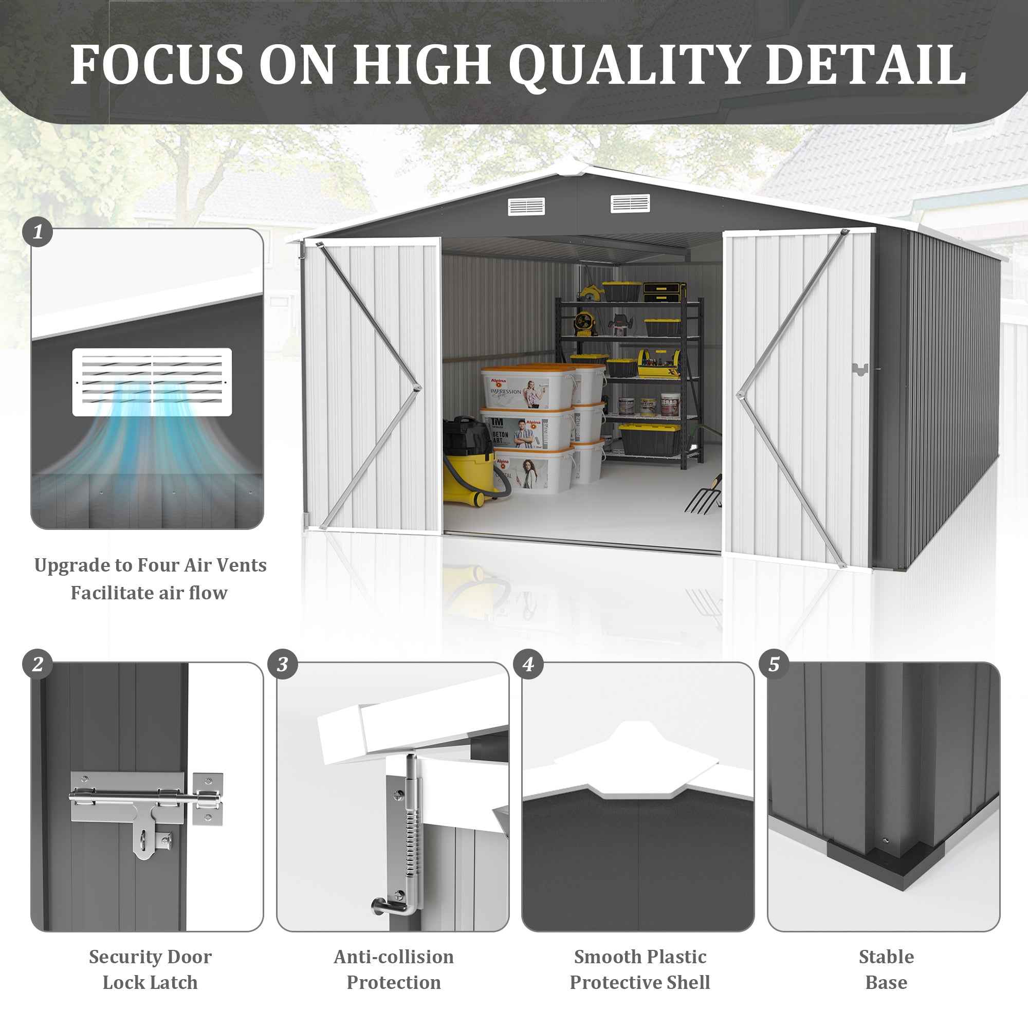 Campcraft  Outdoor Storage Shed 10×14 FT with 3 Lockable Doors,4 Air Vents & Sloped Roof,Utility Tool Shed Metal Storage Garden Sheds  Frame and 4 Vents,for Backyard,Patio,Lawn,dark Grey
