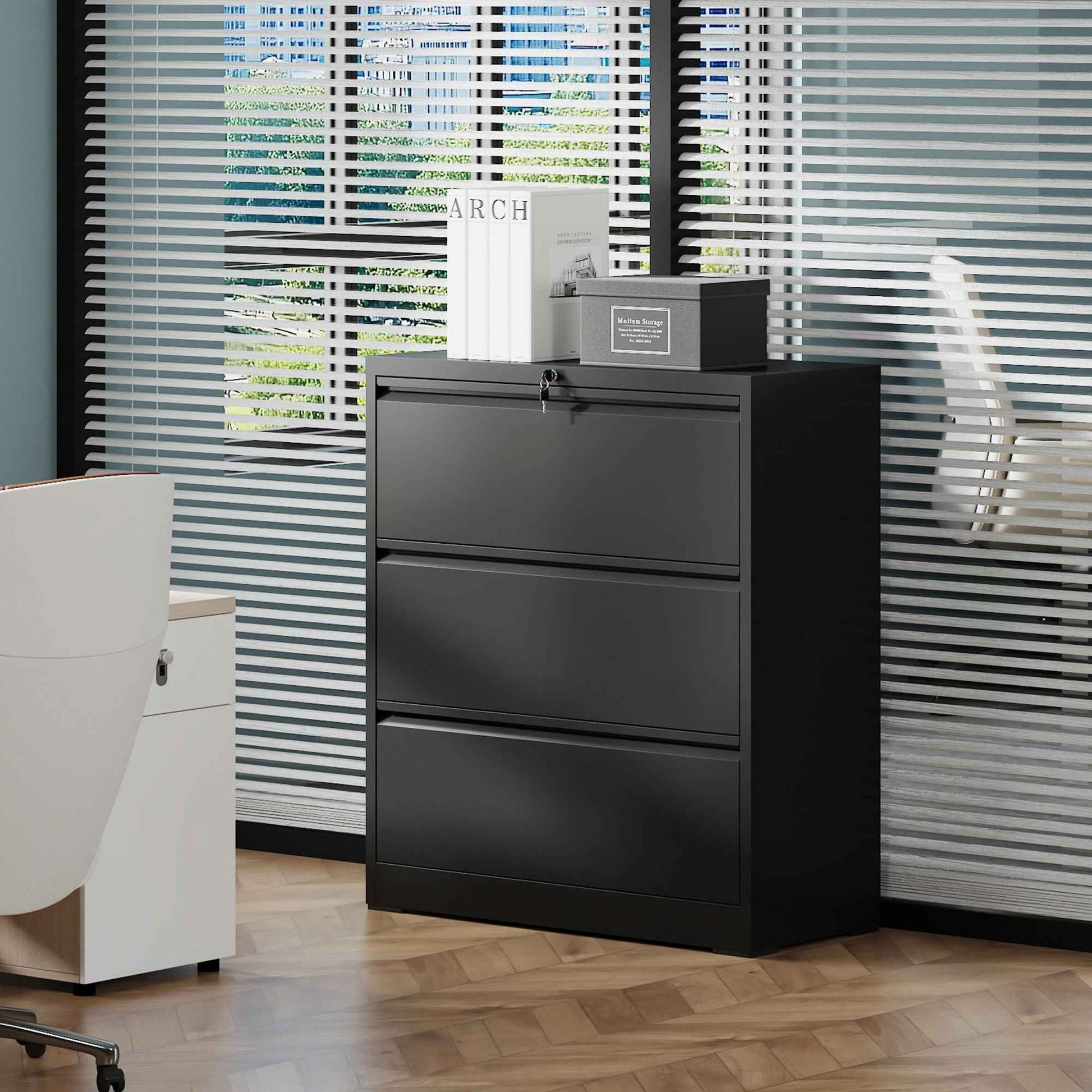 3 Drawer Lateral File Cabinet, 35.4 Inch Wide Metal Filing Cabinet, Locking Heavy Duty File Cabinet for Home Office, Anti-Tip Safety Interlock, Vertical Storage for Letter/Legal/A4 Files, Black