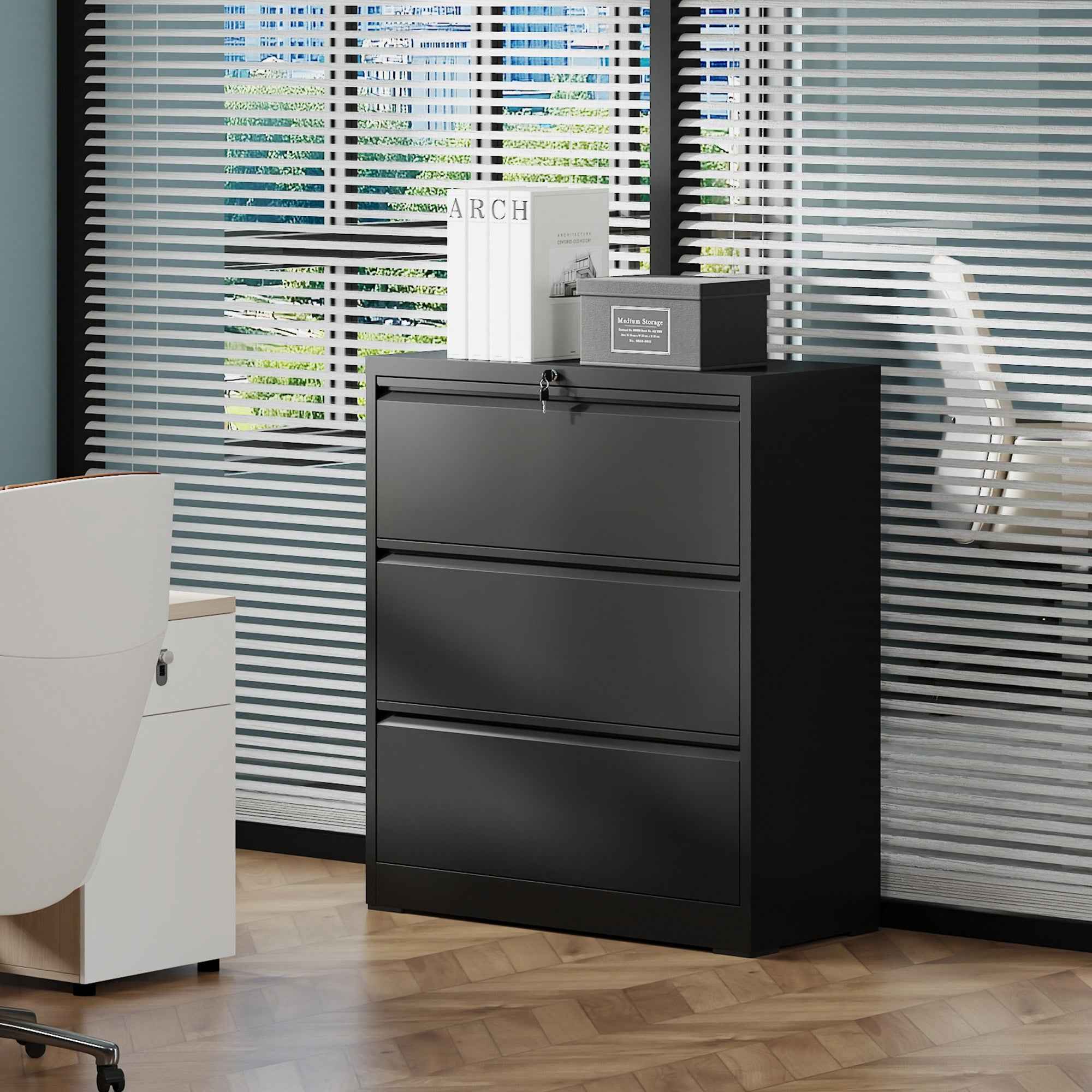 3 Drawer Lateral File Cabinet, 35.4 Inch Wide Metal Filing Cabinet, Locking Heavy Duty File Cabinet for Home Office, Anti-Tip Safety Interlock, Vertical Storage for Letter/Legal/A4 Files, Black