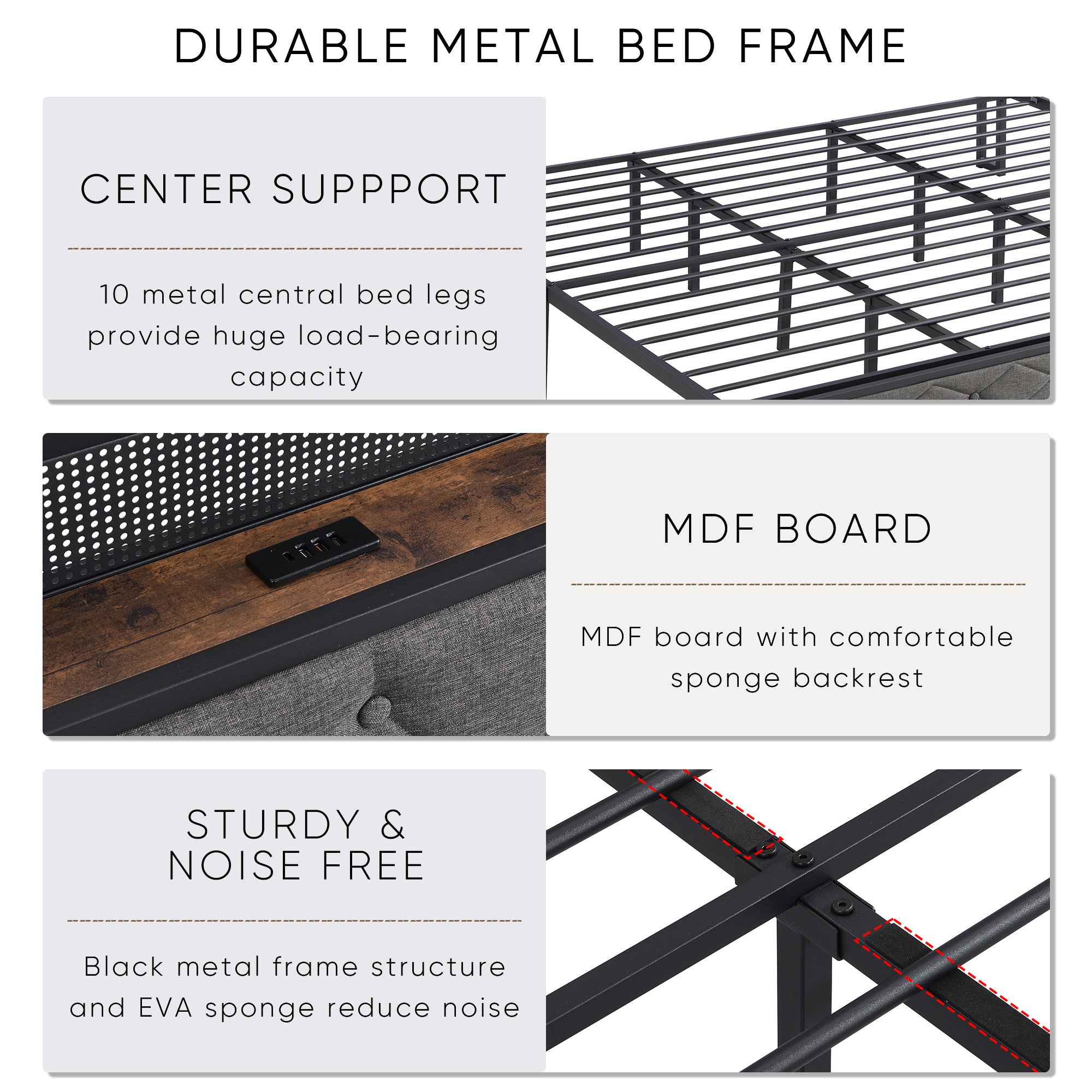 King Bed Frame with Storage Headboard, Charging Station and LED Lights, Upholstered Platform Bed with Heavy Metal Slats, No Box Spring Needed, Noise Free, Easy Assembly, Dark Gray