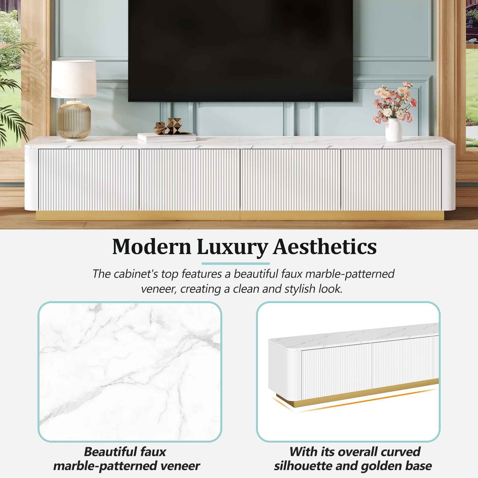 ON-TREND Luxury Fluted TV Stand for TVs Up to 85', Faux Marble Tabletop Media Console with 4 Drawers, Curved Profile Design, Modern Entertainment Center with Gold Base for Living Room, White