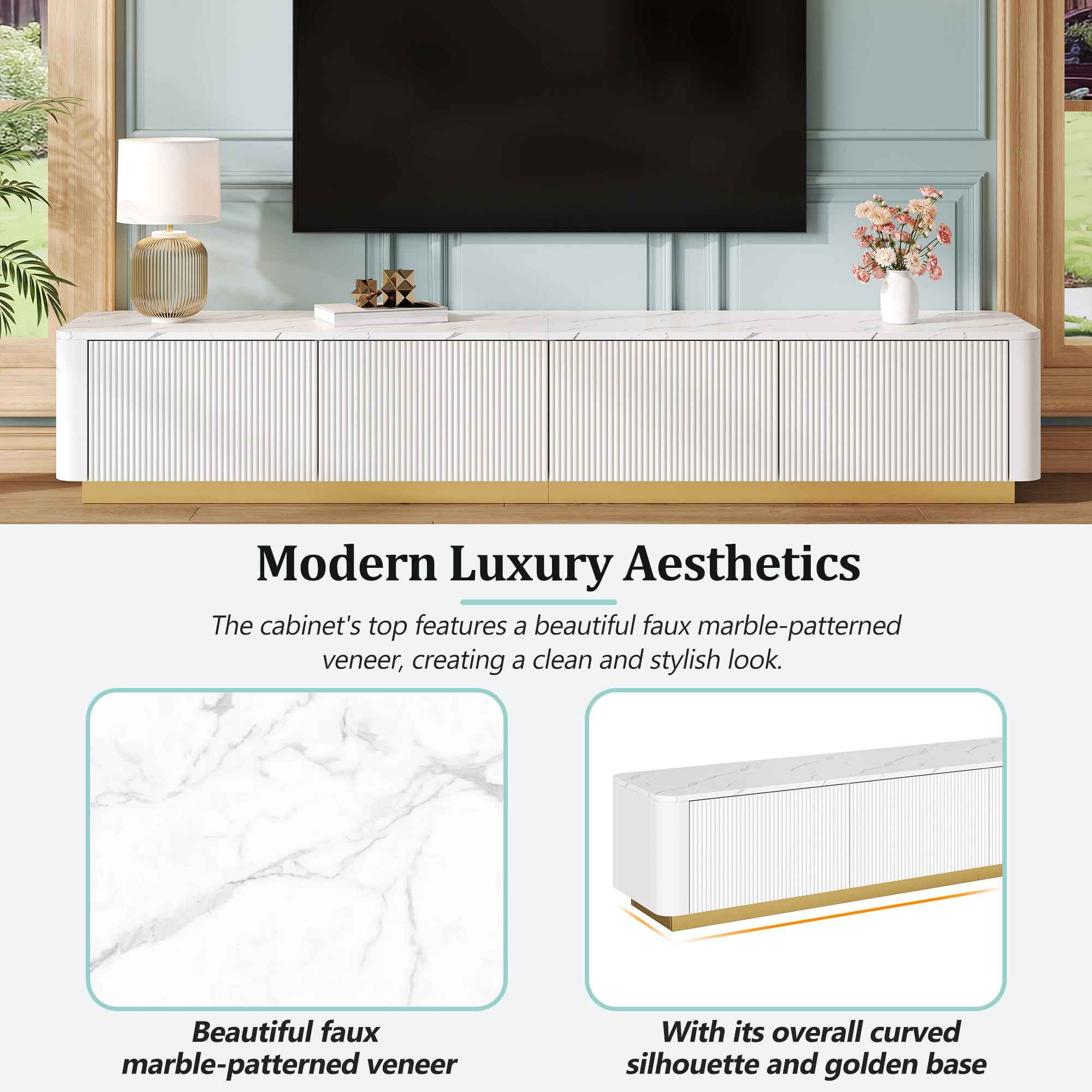 ON-TREND Luxury Fluted TV Stand for TVs Up to 85', Faux Marble Tabletop Media Console with 4 Drawers, Curved Profile Design, Modern Entertainment Center with Gold Base for Living Room, White
