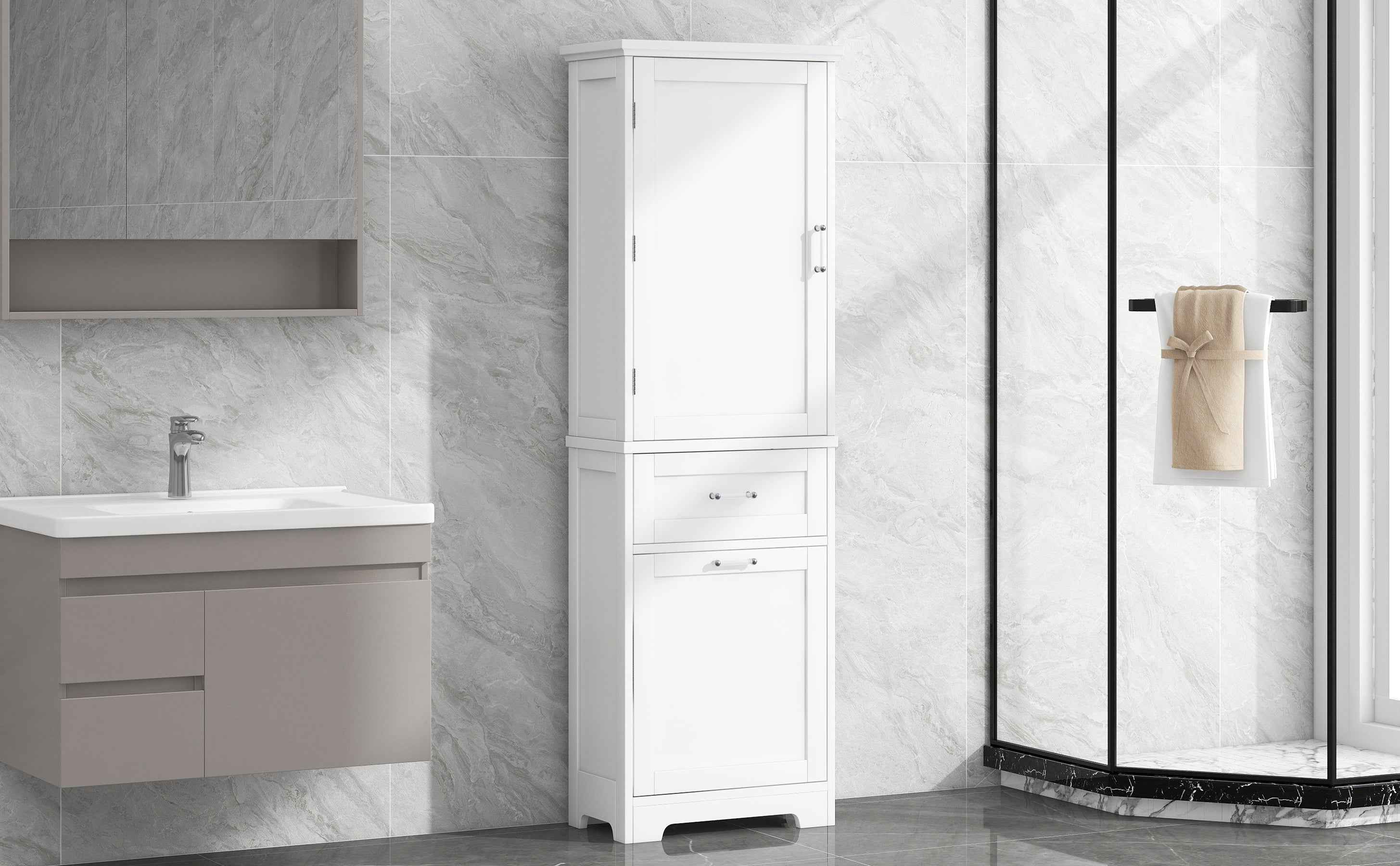 Tall Bathroom Storage Cabinet, Freestanding Storage Cabinet with Two Different Size Drawers and Adjustable Shelf, MDF Board with Painted Finish, White (Old Sku:WF312730AAK)
