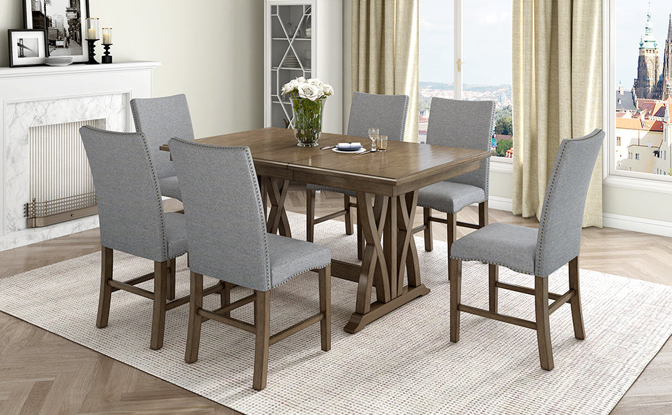 TOPMAX Mid-Century Solid Wood 7-Piece Dining Table Set Extendable Kitchen Table Set with Upholstered Chairs and 12" Leaf for 6, Golden Brown+Gray Cushion