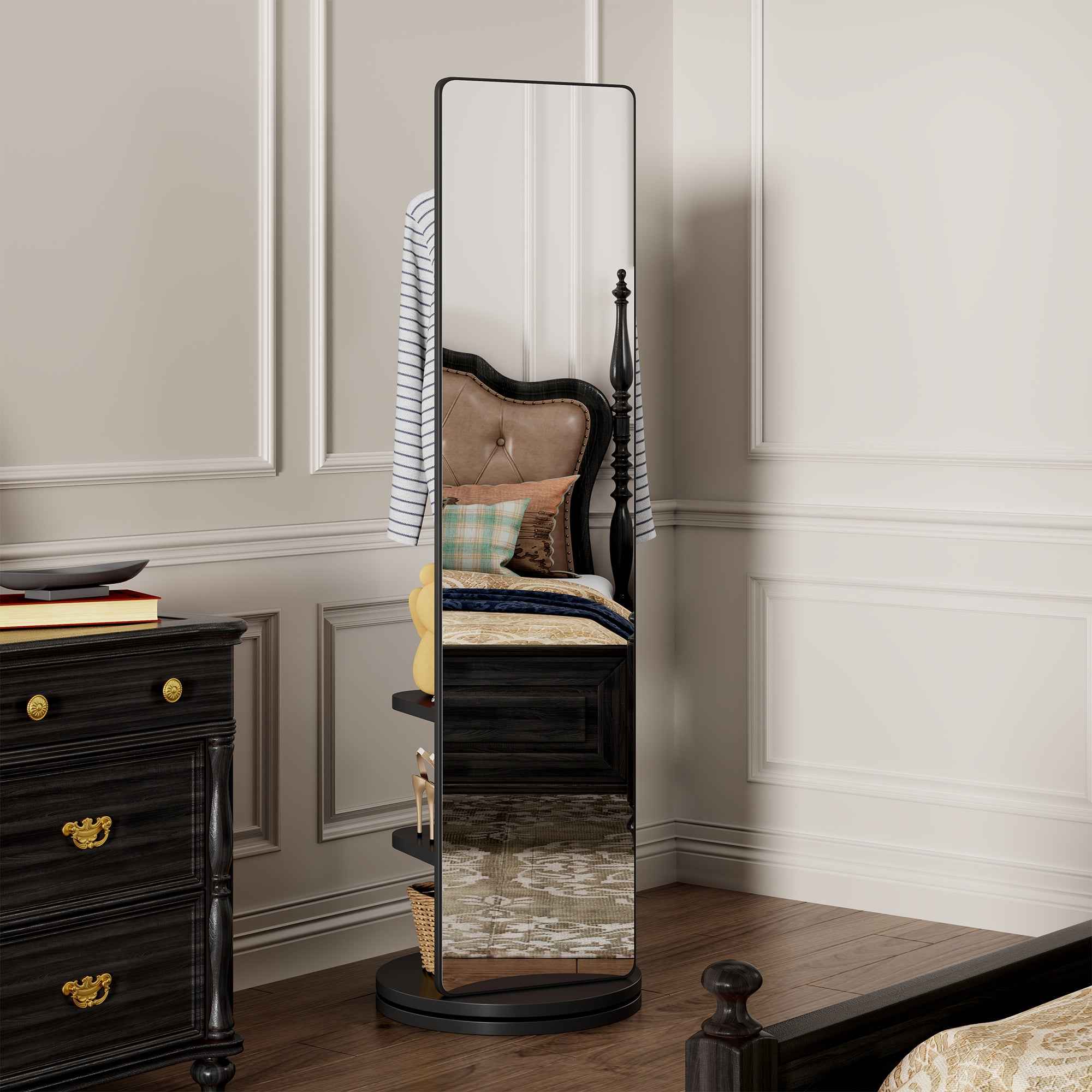 360° Rotating 69'x20' Multifunctional Full Length Mirror with Hook Storage Rack Coat Rack with Mirror Solid Wood Floor Mirror Bedroom Living Room Cloakroom Space Saving (black)