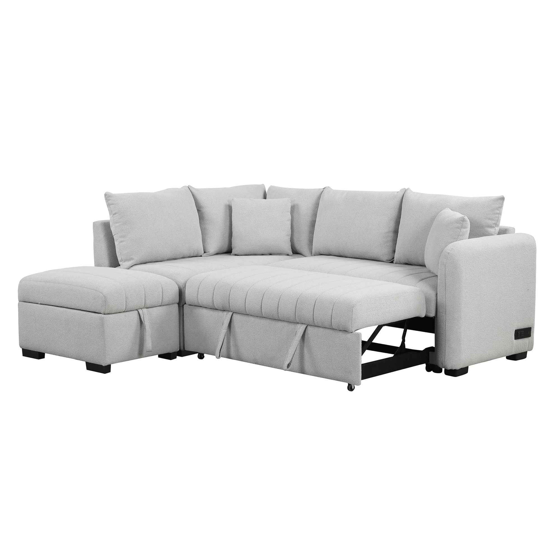 Modern L-shaped Sectional Pull Out Sofa Bed with USB Ports & Storage Ottoman, Gray Jacquard Fabric, 82.6'