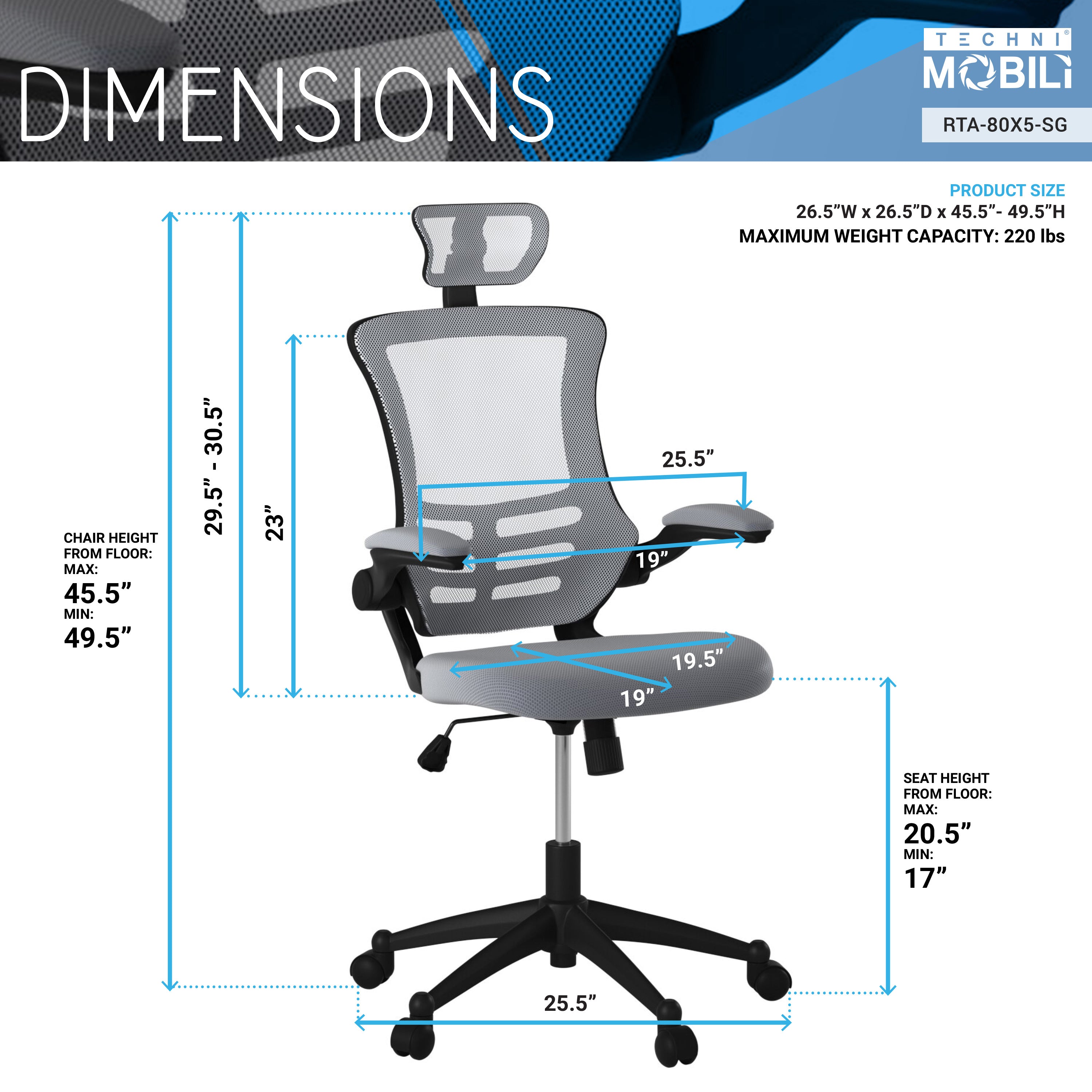 Techni Mobili Modern High-Back Mesh Executive Office Chair with Headrest and Flip-Up Arms, Silver Grey - Abrihome