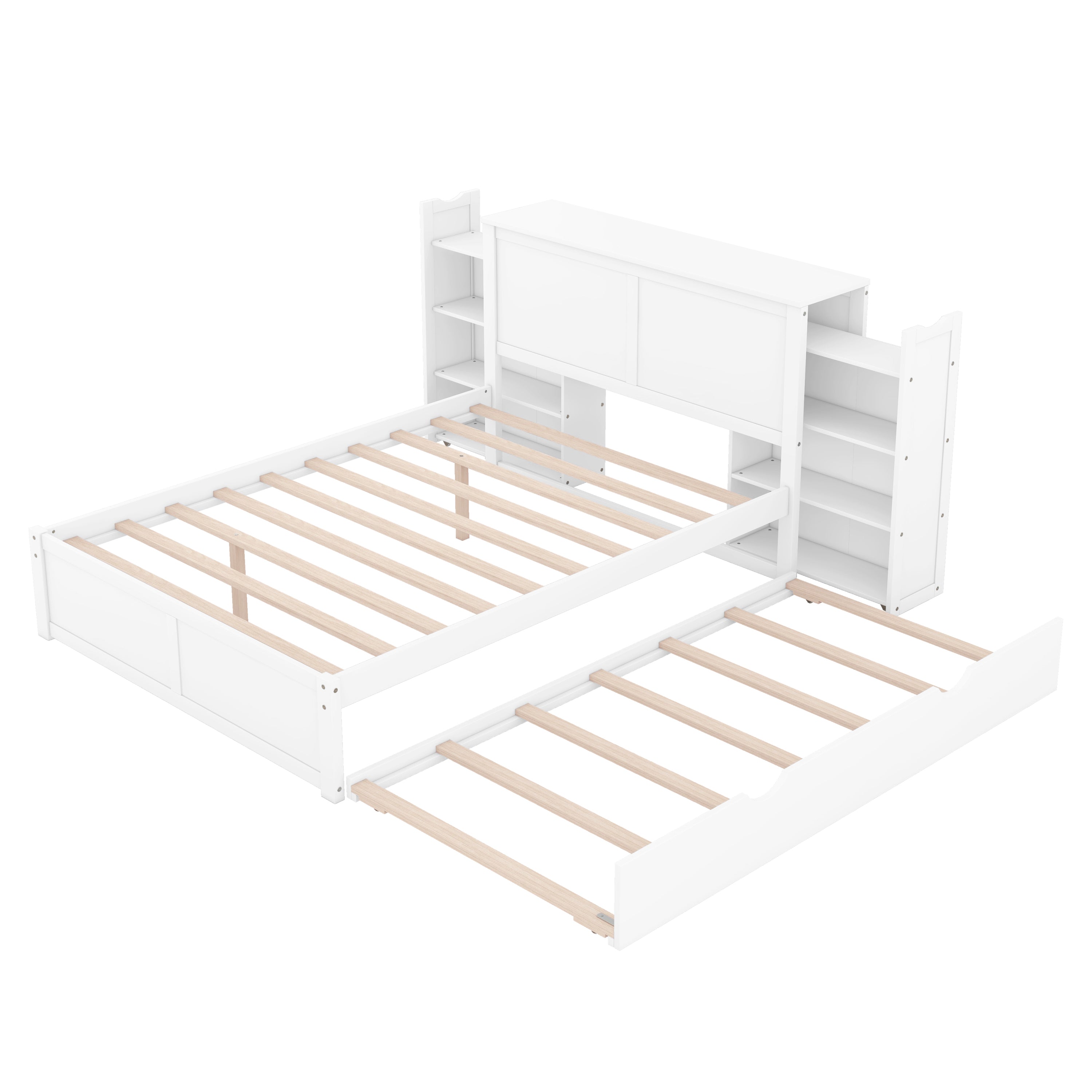 Full Size Storage Platform Bed with Pull Out Shelves and Twin Size Trundle, White