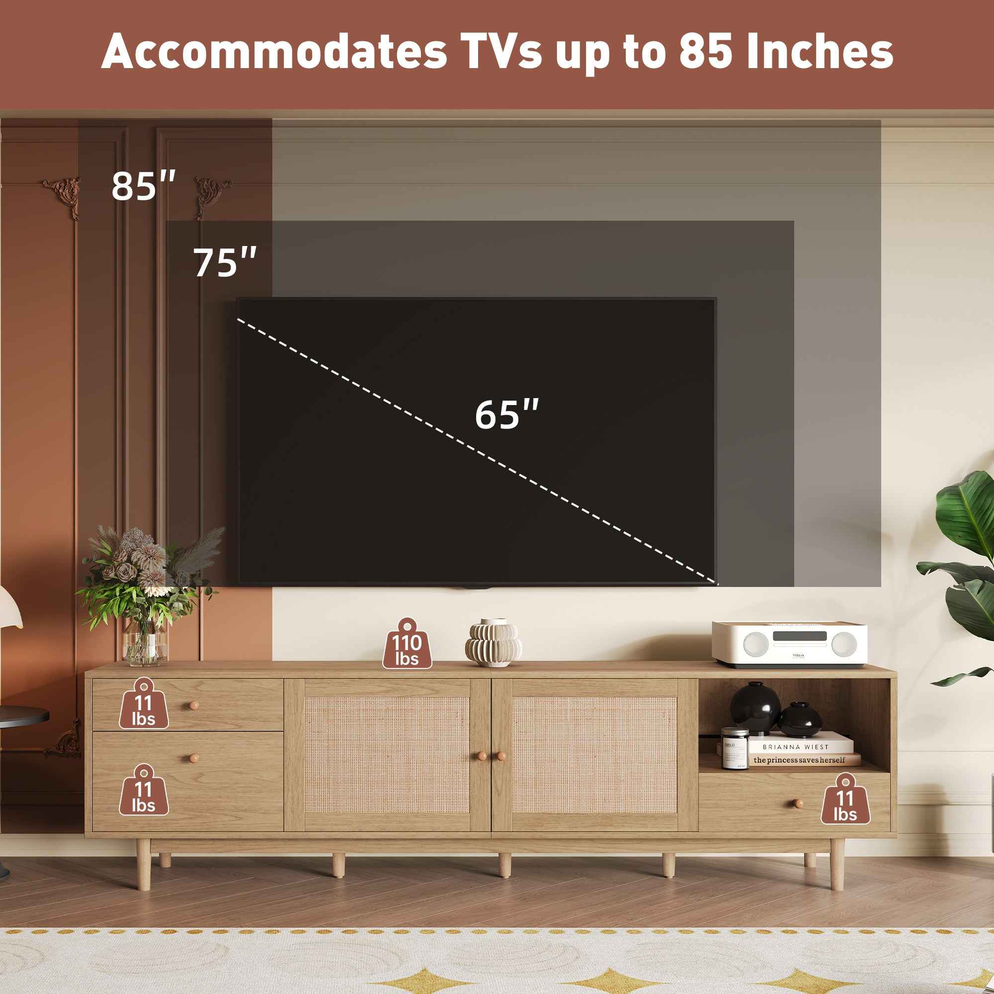 Boho TV Stand for 65 75 85 Inch TV with Real Rattan Doors, Modern Wood Media Console in Natural Finish, 76.6'' L x 15.7'' W x 23.6'' H
