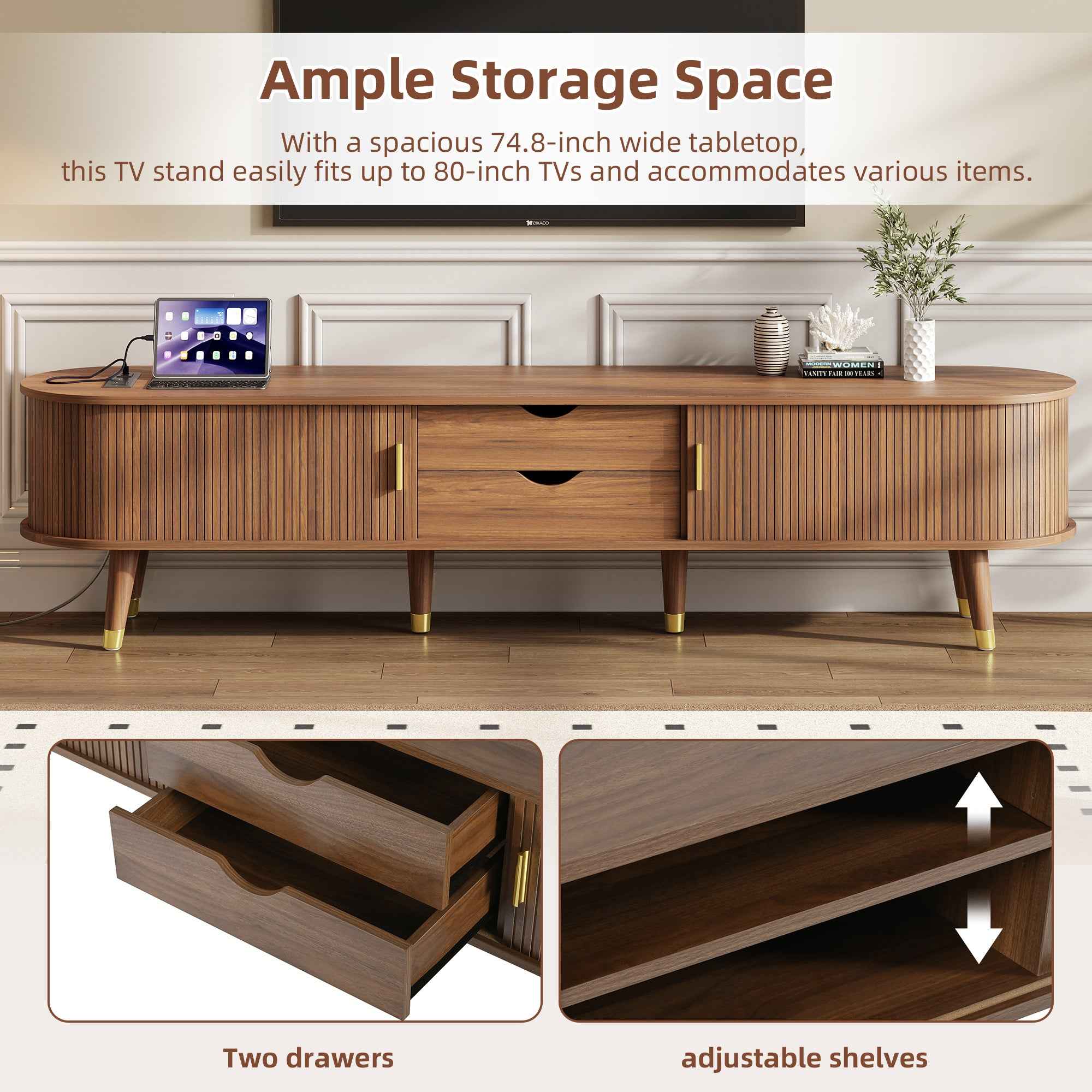 [Assembly Video]Wooden Oval Fluted TV Stand with Charging Station for TV up to 80', Mid-Century Media Console with Sliding Tambour Door, Farmhouse TV Cabinet with Golden Handle for Living Room, Walnut