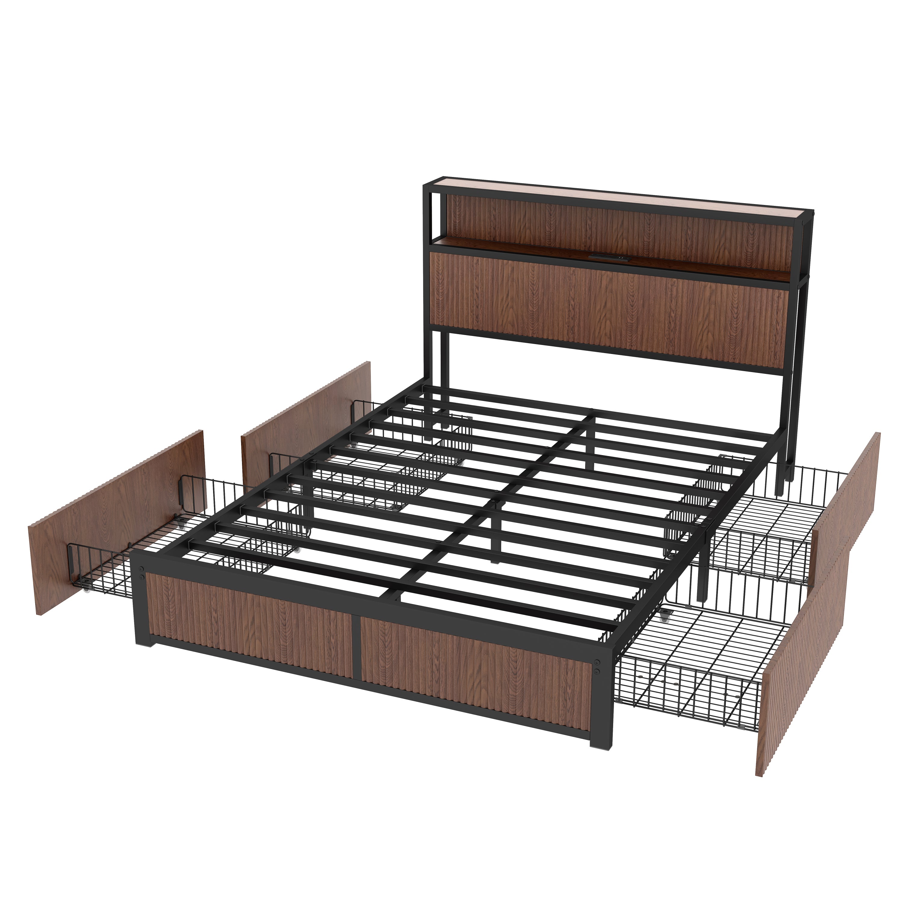 Large raised-pattern storage bed frame, wooden platform bed frame with multiple drawer storage function, bedside socket, brown wood (Queen) - Abrihome