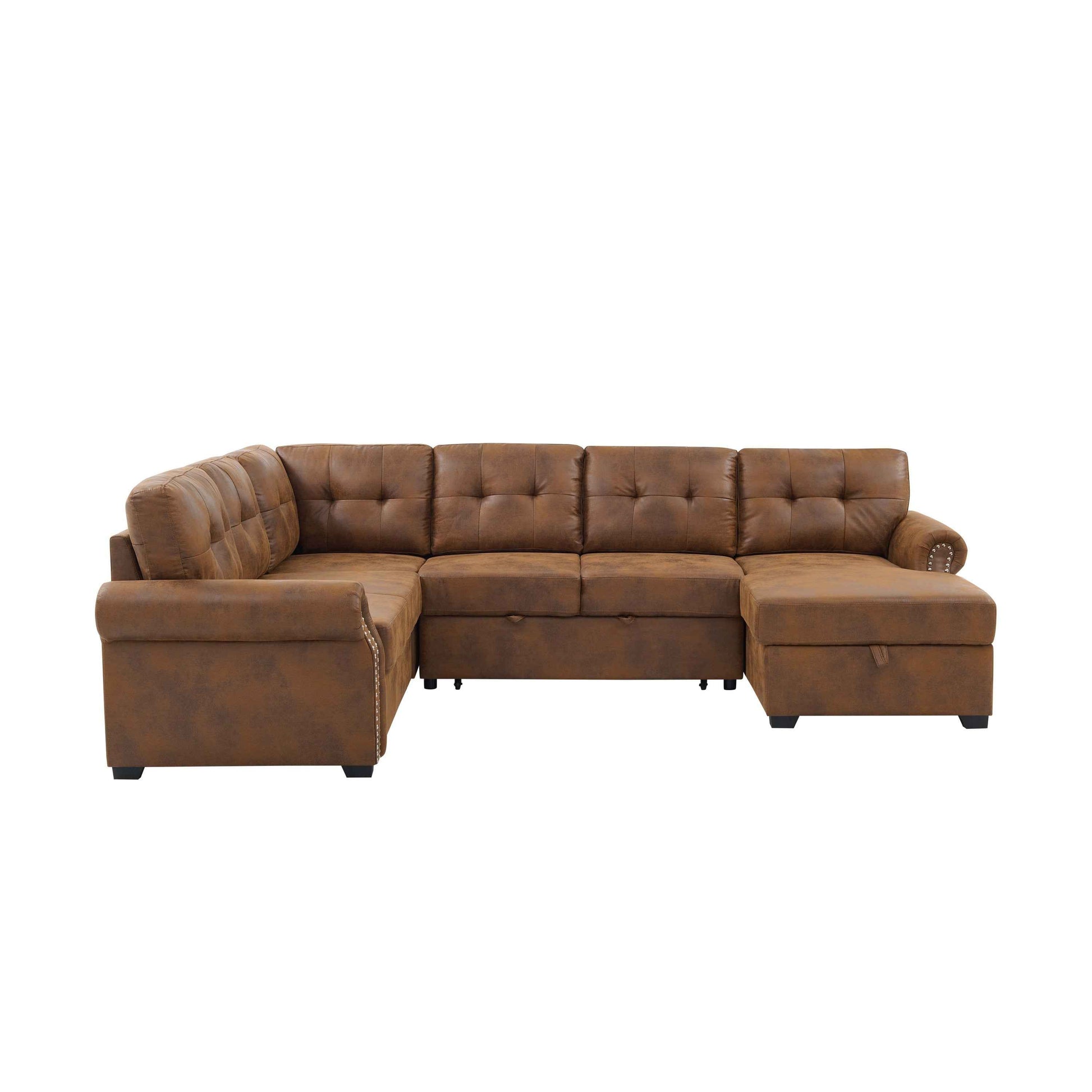 Faux Leather Fabric U-Shape Sectional Sleeper Sofa (Pull-Out Bed) With Storage Chaise