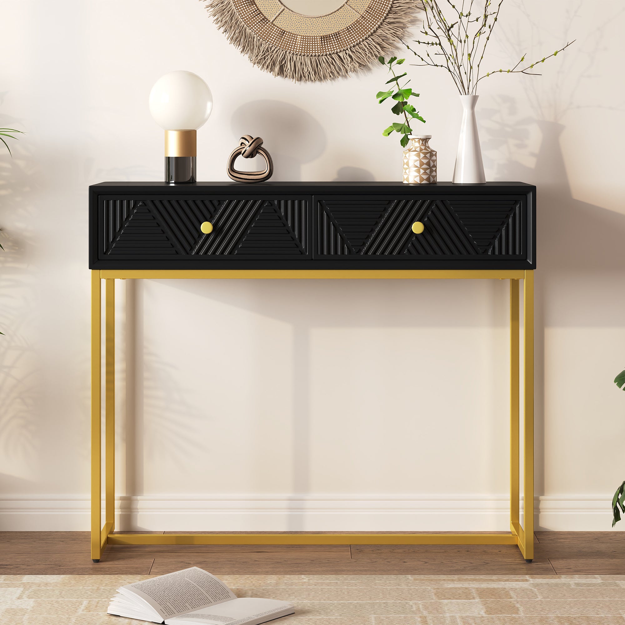 TREXM Modern Sleek Console Table Two Drawers with Stripe Design for Living Room and Entryway (Black)