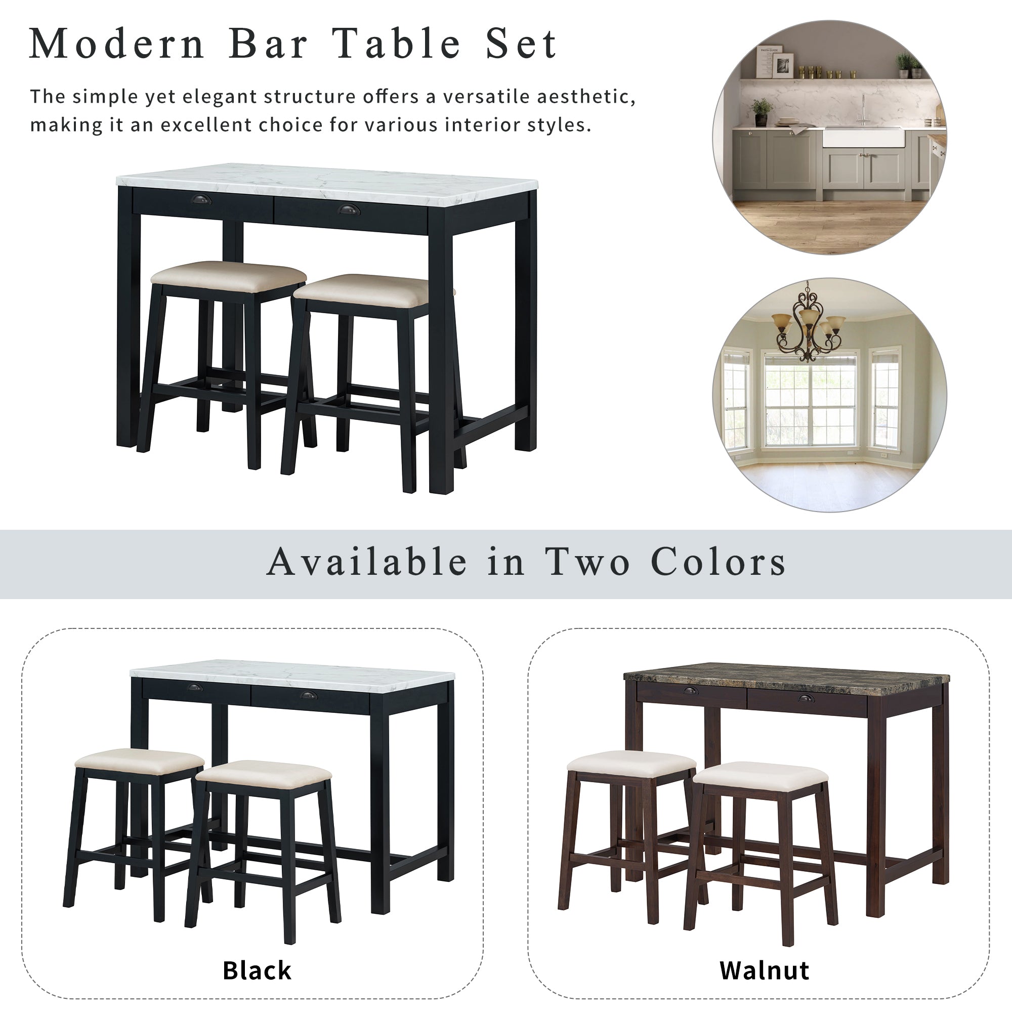 TREXM 3-Piece Modern Faux Marble Versatile Bar Table Set with Storage Drawers and Padded Stools, Ideal for Space-Saving Dining Nooks or Small Kitchens (Black)