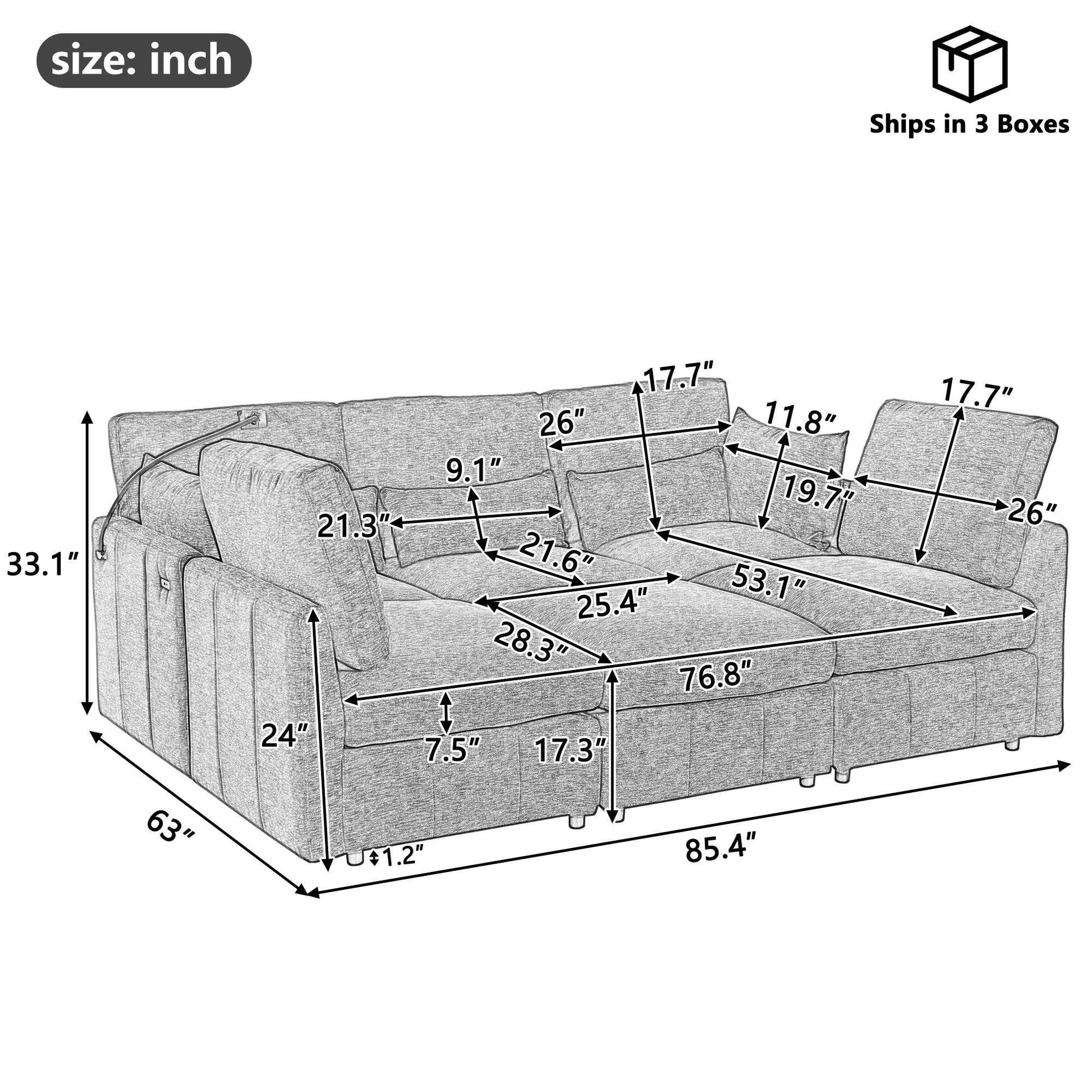 Modern Sectional Sofa Modular Sofa with Movable Ottoman, USB Ports & Phone Holder, Grey Chenille, 85.4'