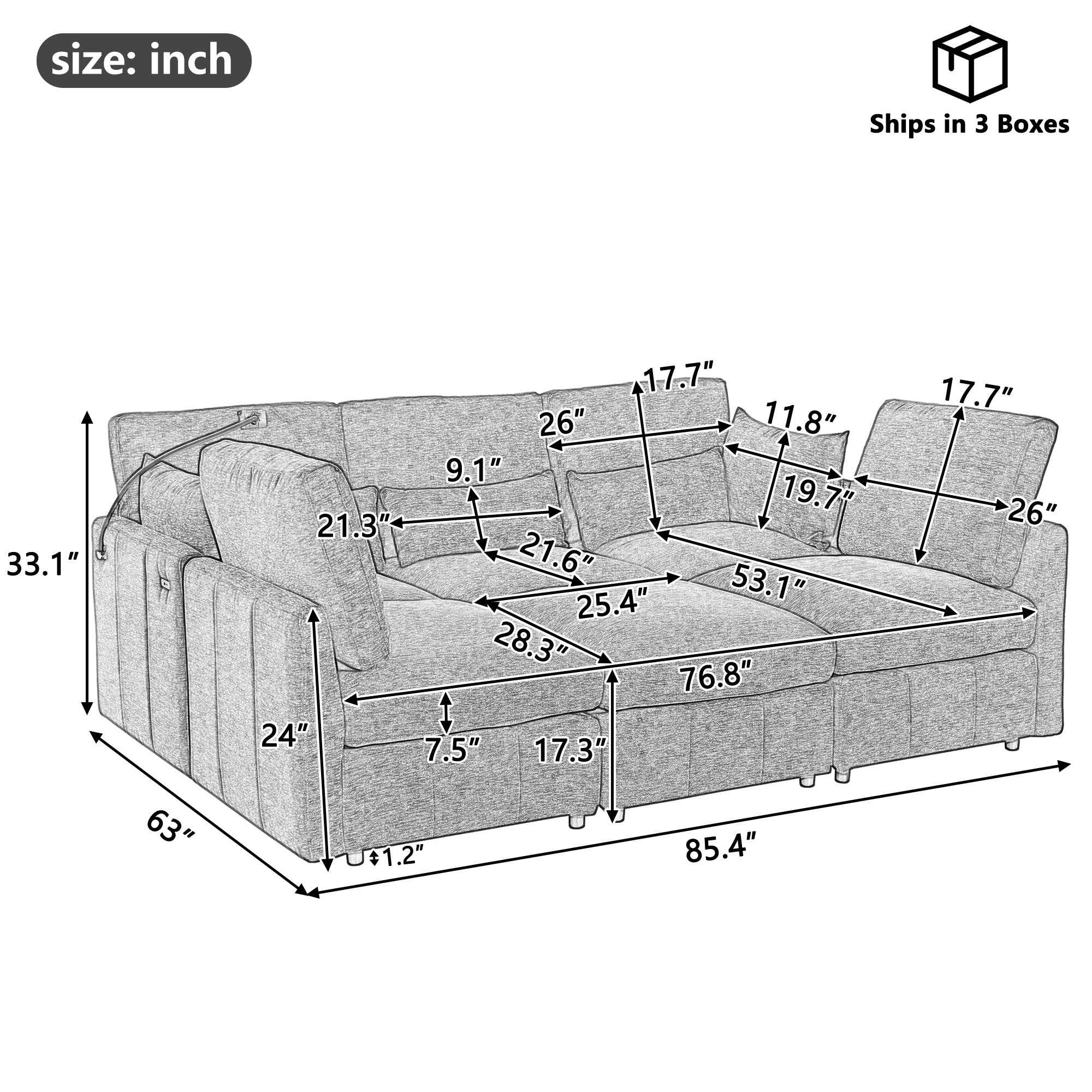 Modern Sectional Sofa Modular Sofa with Movable Ottoman, USB Ports & Phone Holder, Grey Chenille, 85.4'